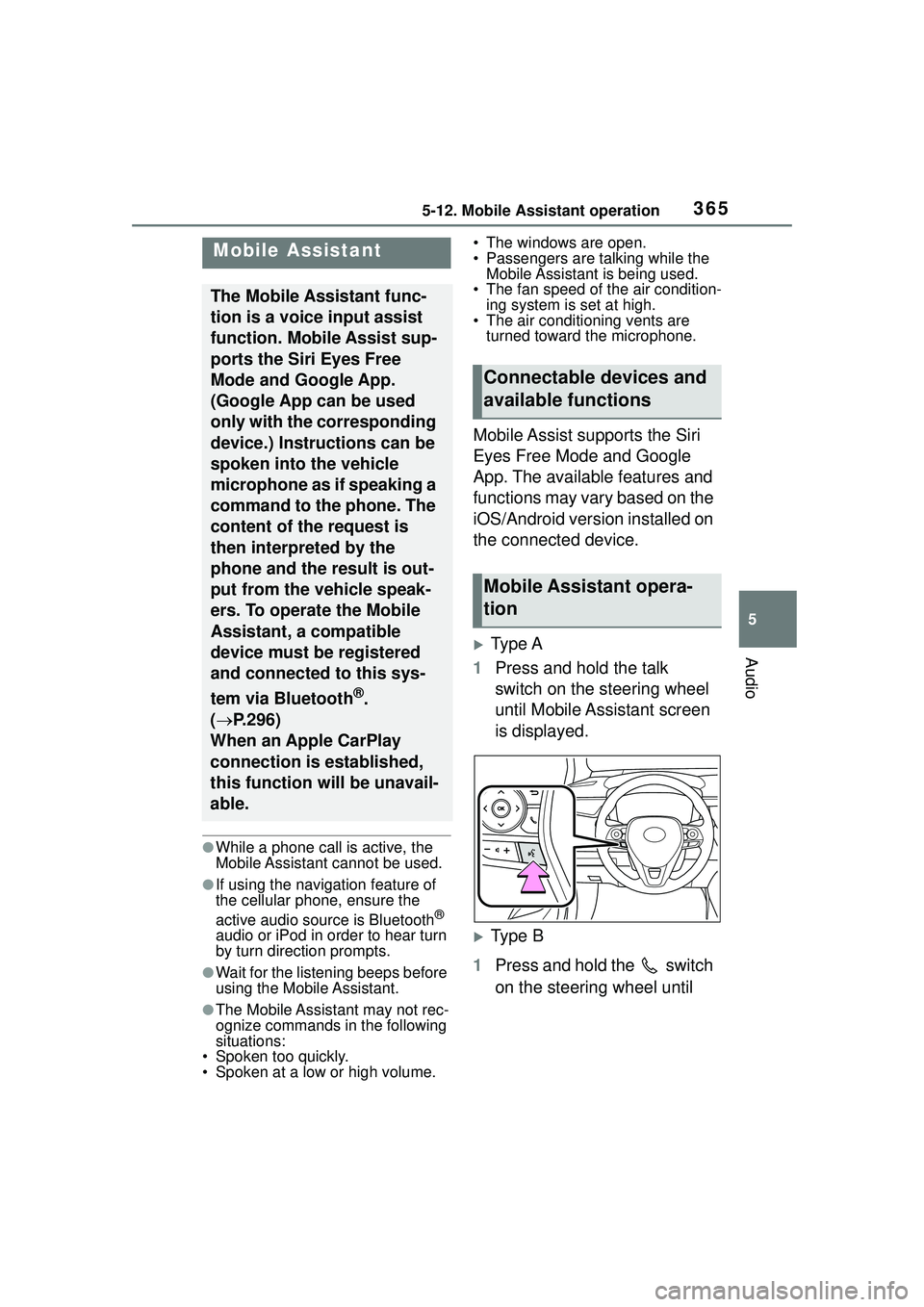 TOYOTA COROLLA CROSS 2022 Owners Manual 3655-12. Mobile Assistant operation
5
Audio
5-12.Mobile Assistant operation
●While a phone call is active, the
Mobile Assistant cannot be used.
●If using the navigation feature of
the cellular p TOYOTA COROLLA CROSS 2022 Owners Manual 3655-12. Mobile Assistant operation
5
Audio
5-12.Mobile Assistant operation
●While a phone call is active, the
Mobile Assistant cannot be used.
●If using the navigation feature of
the cellular p