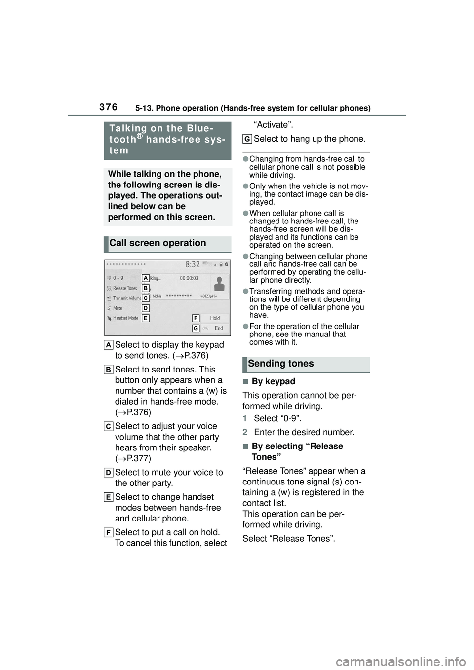 TOYOTA COROLLA CROSS 2022 Owners Manual 3765-13. Phone operation (Hands-free system for cellular phones)
Select to display the keypad
to send tones. (P.376)
Select to send tones. This
button only appears when a
number that contains a TOYOTA COROLLA CROSS 2022 Owners Manual 3765-13. Phone operation (Hands-free system for cellular phones)
Select to display the keypad
to send tones. (P.376)
Select to send tones. This
button only appears when a
number that contains a