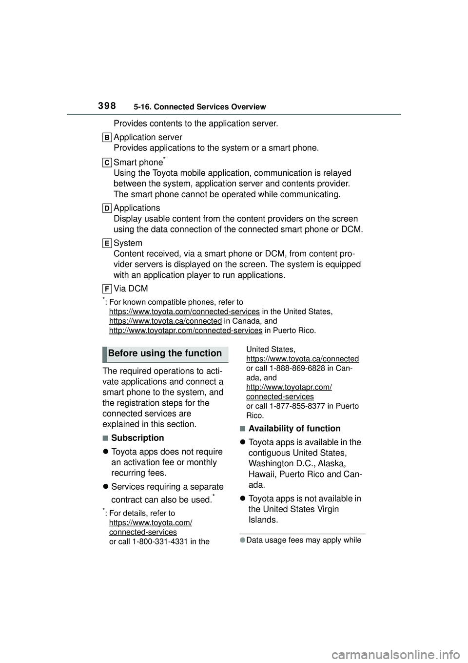 TOYOTA COROLLA CROSS 2022  Owners Manual 3985-16. Connected Services Overview
Provides contents to the application server.
Application server
Provides applications to the system or a smart phone.
Smart phone
*
Using the Toyota mobile applica