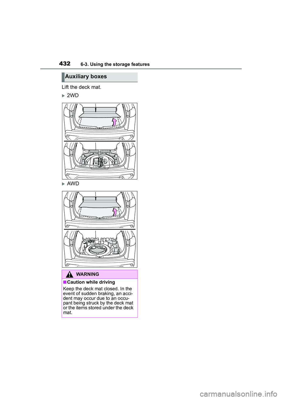 TOYOTA COROLLA CROSS 2022 Owners Manual 4326-3. Using the storage features
Lift the deck mat.
2WD
AWD
Auxiliary boxes
WARNING
■Caution while driving
Keep the deck mat closed. In the
event of sudden braking, an acci-
dent may occur TOYOTA COROLLA CROSS 2022 Owners Manual 4326-3. Using the storage features
Lift the deck mat.
2WD
AWD
Auxiliary boxes
WARNING
■Caution while driving
Keep the deck mat closed. In the
event of sudden braking, an acci-
dent may occur