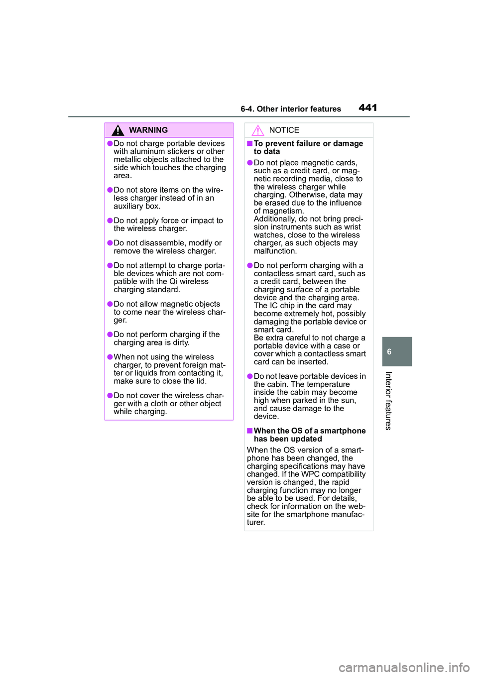 TOYOTA COROLLA CROSS 2022  Owners Manual 4416-4. Other interior features
6
Interior features
WARNING
●Do not charge portable devices 
with aluminum stickers or other 
metallic objects attached to the 
side which touches the charging 
area.