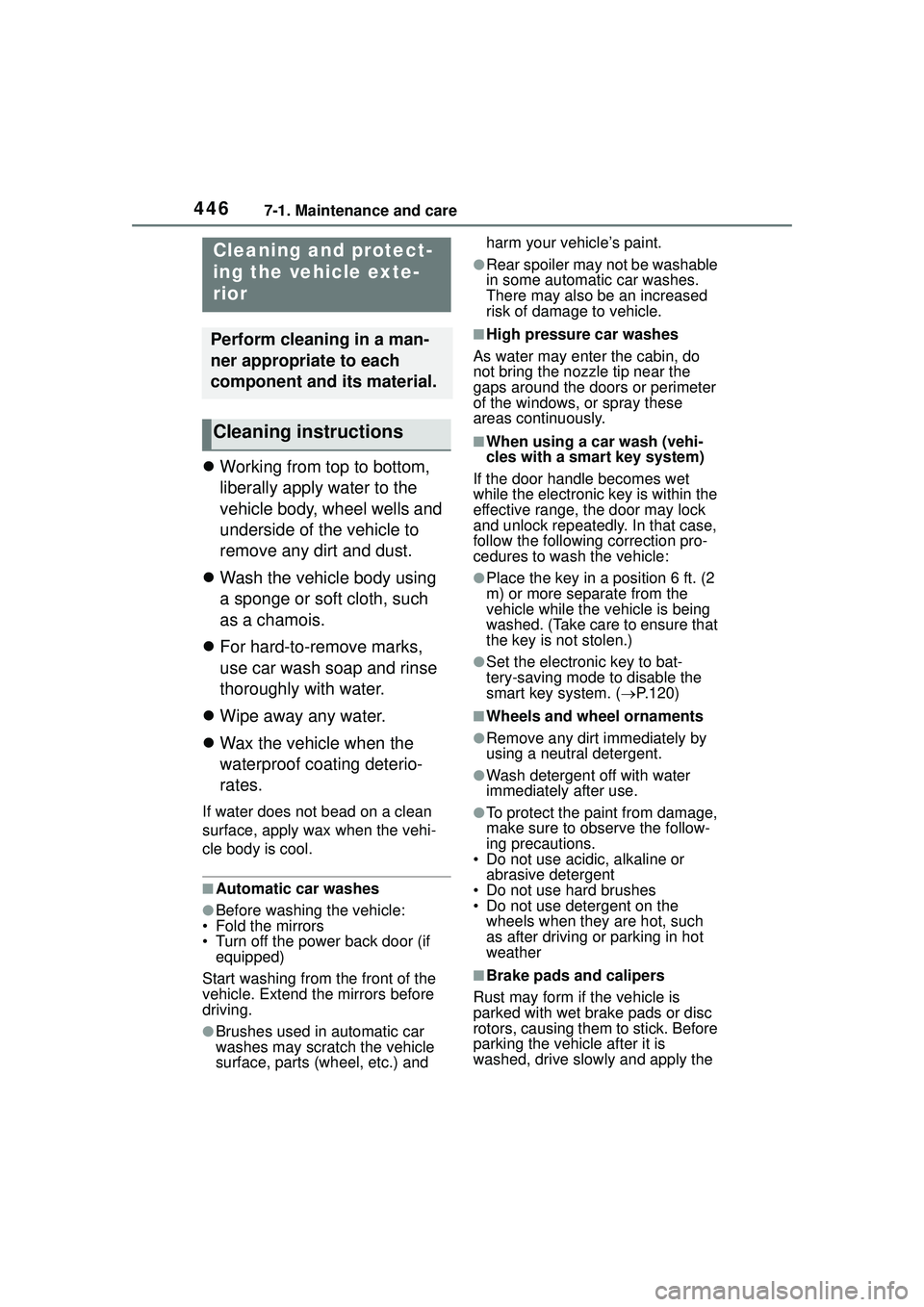 TOYOTA COROLLA CROSS 2022  Owners Manual 4467-1. Maintenance and care
7-1.Maintenance and care
Working from top to bottom, 
liberally apply water to the 
vehicle body, wheel wells and 
underside of the vehicle to 
remove any dirt and dust