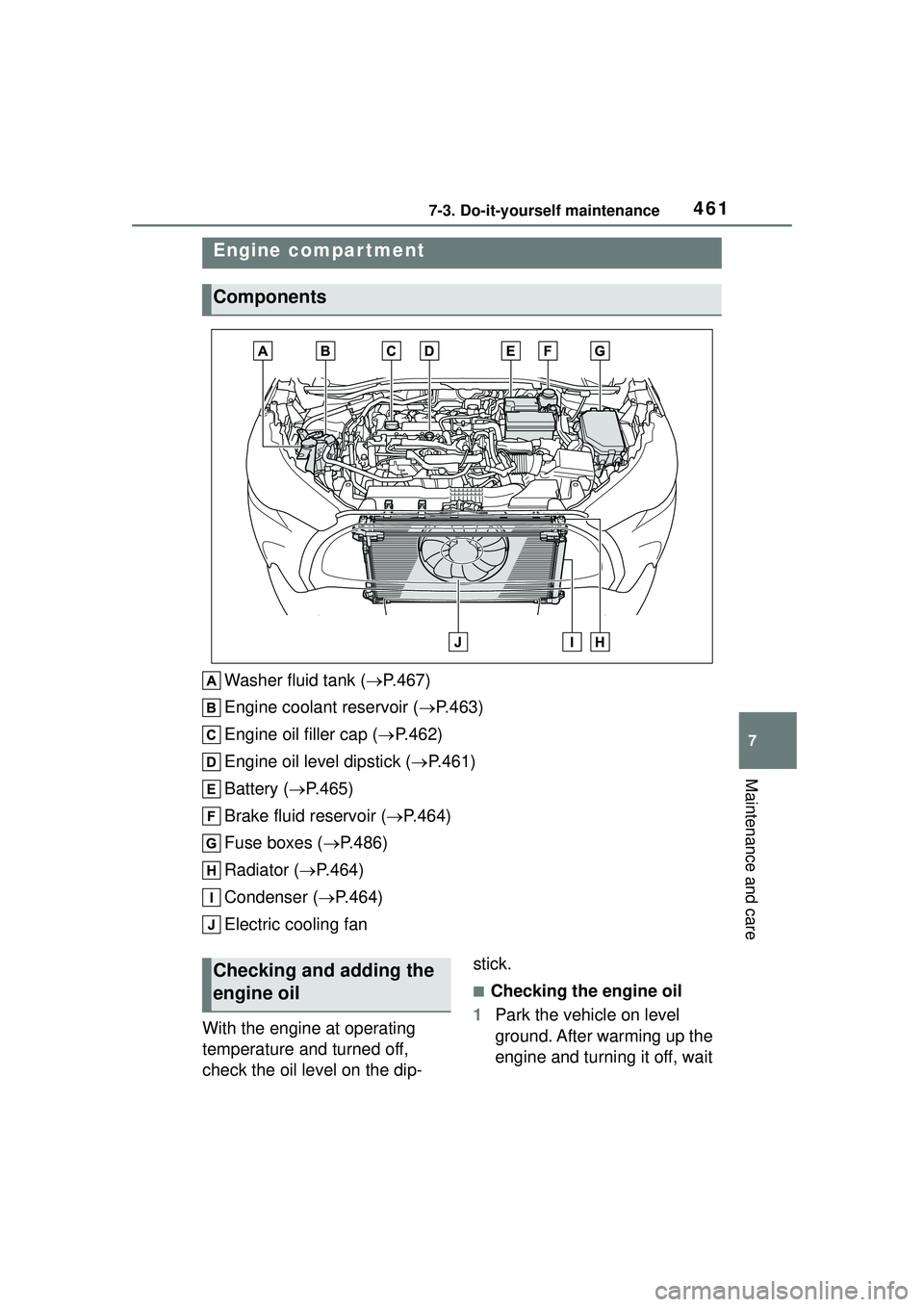 TOYOTA COROLLA CROSS 2022  Owners Manual 4617-3. Do-it-yourself maintenance
7
Maintenance and care
Washer fluid tank (P.467)
Engine coolant reservoir ( P.463)
Engine oil filler cap ( P.462)
Engine oil level dipstick ( P.461)
Batt