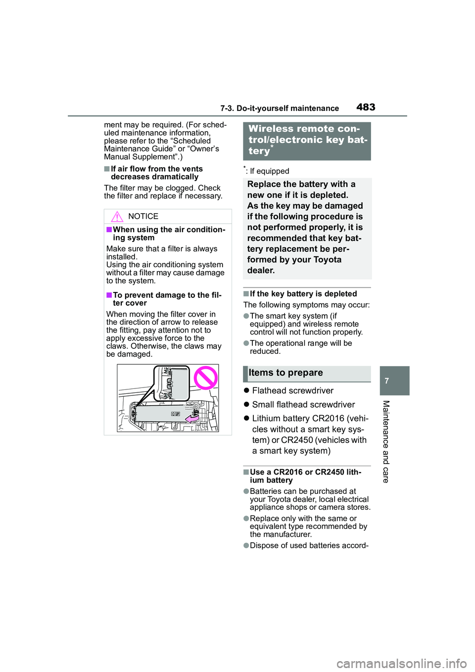 TOYOTA COROLLA CROSS 2022 Owners Manual 4837-3. Do-it-yourself maintenance
7
Maintenance and care
ment may be required. (For sched-
uled maintenance information,
please refer to the “Scheduled
Maintenance Guide” or “Owner’s
Manua TOYOTA COROLLA CROSS 2022 Owners Manual 4837-3. Do-it-yourself maintenance
7
Maintenance and care
ment may be required. (For sched-
uled maintenance information,
please refer to the “Scheduled
Maintenance Guide” or “Owner’s
Manua