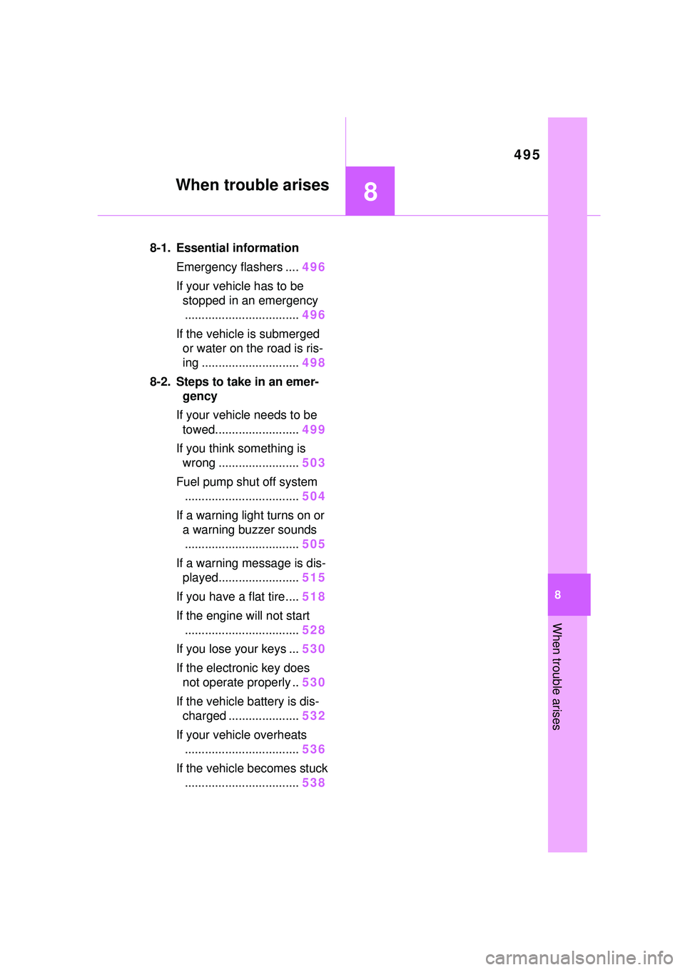 TOYOTA COROLLA CROSS 2022  Owners Manual 495
8
8
When trouble arises
When trouble arises
.8-1. Essential informationEmergency flashers .... 496
If your vehicle has to be  stopped in an emergency.................................. 496
If the v