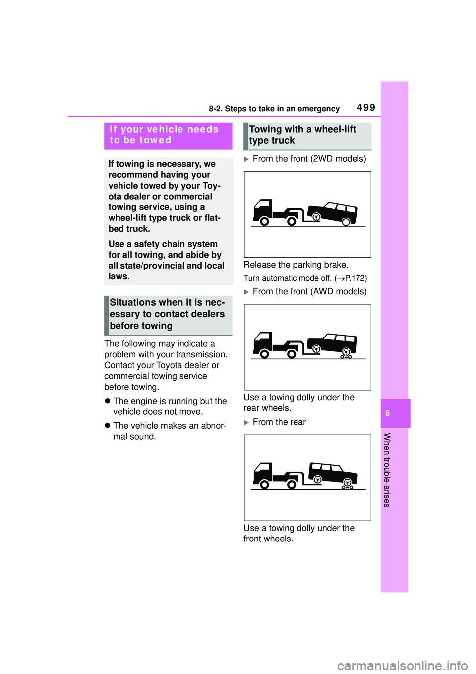 TOYOTA COROLLA CROSS 2022 Owners Manual 4998-2. Steps to take in an emergency
8
When trouble arises
8-2.Steps to take in an emergency
The following may indicate a
problem with your transmission.
Contact your Toyota dealer or
commercial t TOYOTA COROLLA CROSS 2022 Owners Manual 4998-2. Steps to take in an emergency
8
When trouble arises
8-2.Steps to take in an emergency
The following may indicate a
problem with your transmission.
Contact your Toyota dealer or
commercial t