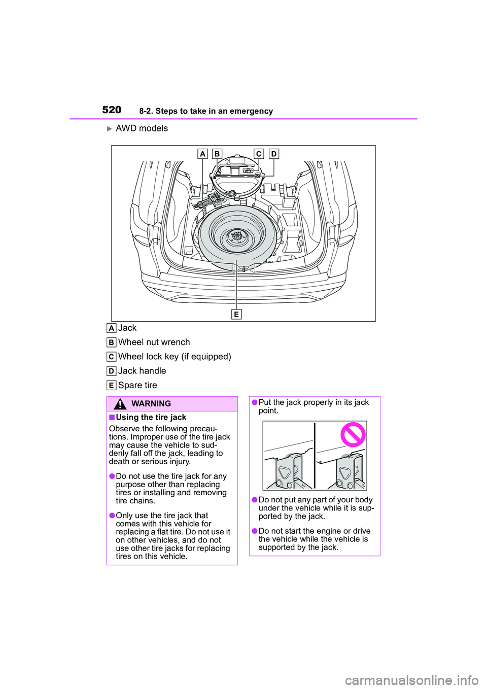 TOYOTA COROLLA CROSS 2022 Owners Manual 5208-2. Steps to take in an emergency
AWD modelsJack
Wheel nut wrench
Wheel lock key (if equipped)
Jack handle
Spare tire
WARNING
■Using the tire jack
Observe the following precau-
tions. Imprope TOYOTA COROLLA CROSS 2022 Owners Manual 5208-2. Steps to take in an emergency
AWD modelsJack
Wheel nut wrench
Wheel lock key (if equipped)
Jack handle
Spare tire
WARNING
■Using the tire jack
Observe the following precau-
tions. Imprope