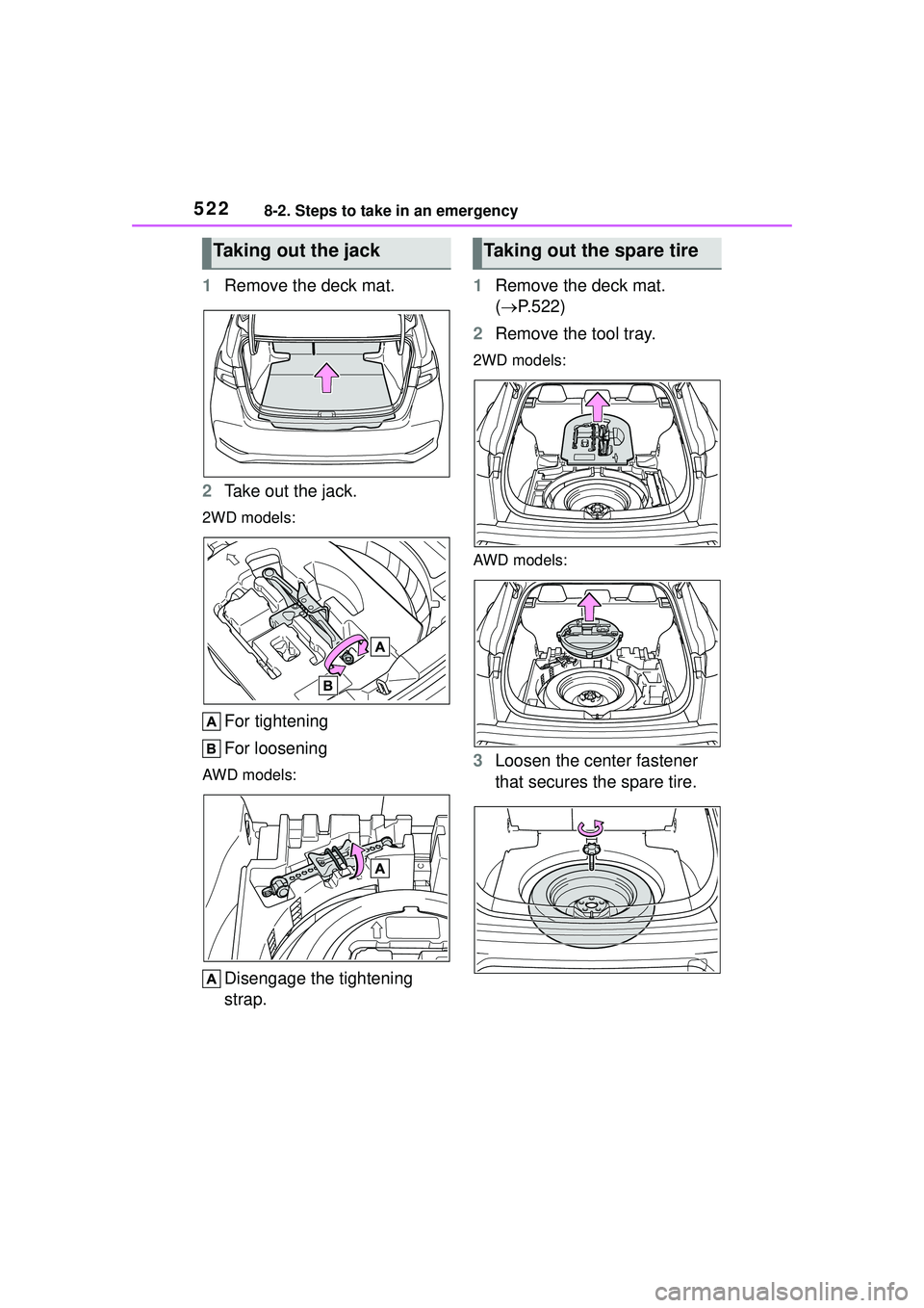 TOYOTA COROLLA CROSS 2022 Owners Manual 5228-2. Steps to take in an emergency
1Remove the deck mat.
2 Take out the jack.
2WD models:
For tightening
For loosening
AWD models:
Disengage the tightening
strap. 1
Remove the deck mat.
( P.52 TOYOTA COROLLA CROSS 2022 Owners Manual 5228-2. Steps to take in an emergency
1Remove the deck mat.
2 Take out the jack.
2WD models:
For tightening
For loosening
AWD models:
Disengage the tightening
strap. 1
Remove the deck mat.
( P.52