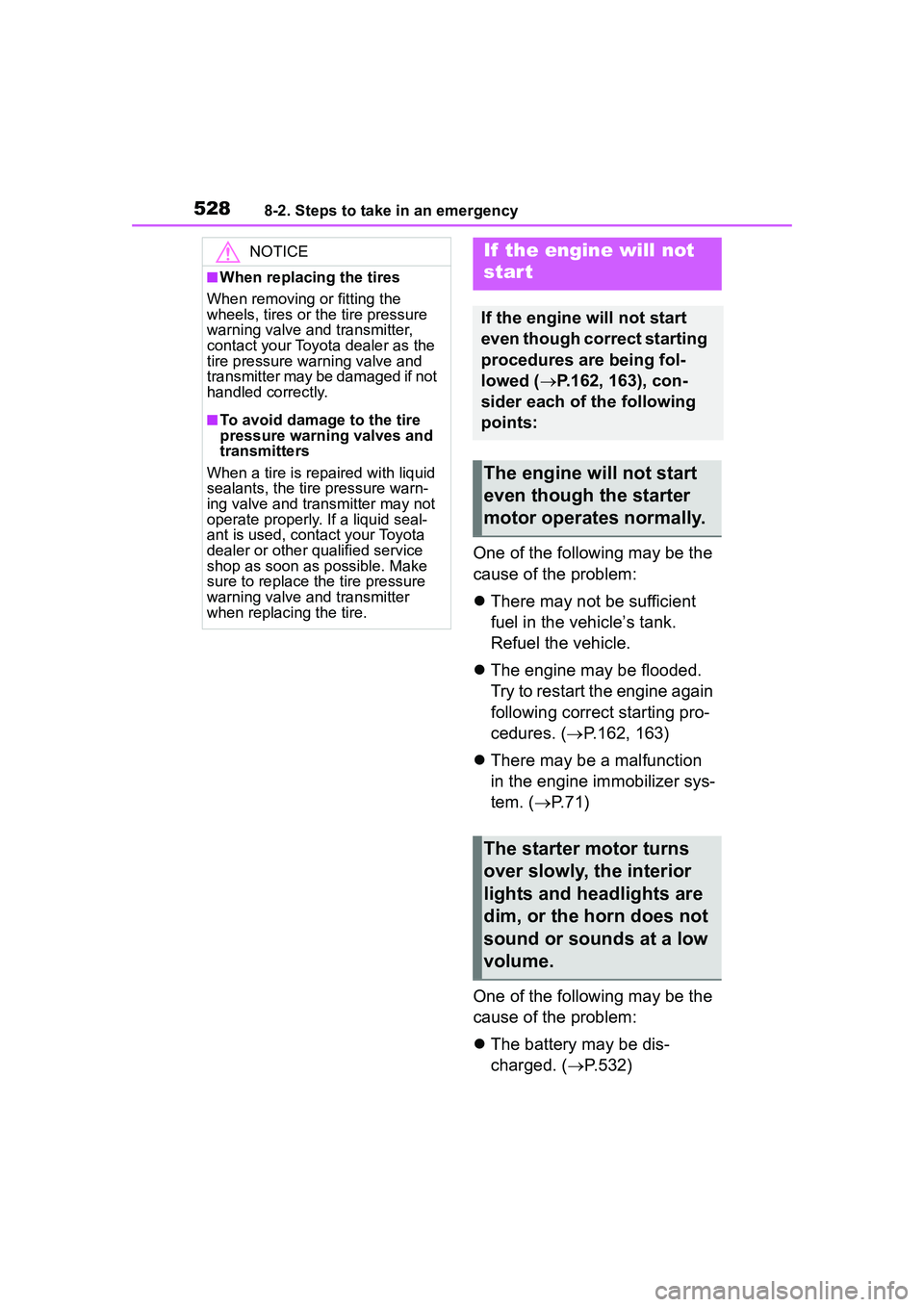 TOYOTA COROLLA CROSS 2022 Owners Manual 5288-2. Steps to take in an emergency
One of the following may be the
cause of the problem:
There may not be sufficient
fuel in the vehicle’s tank.
Refuel the vehicle.
The engine may be fl TOYOTA COROLLA CROSS 2022 Owners Manual 5288-2. Steps to take in an emergency
One of the following may be the
cause of the problem:
There may not be sufficient
fuel in the vehicle’s tank.
Refuel the vehicle.
The engine may be fl