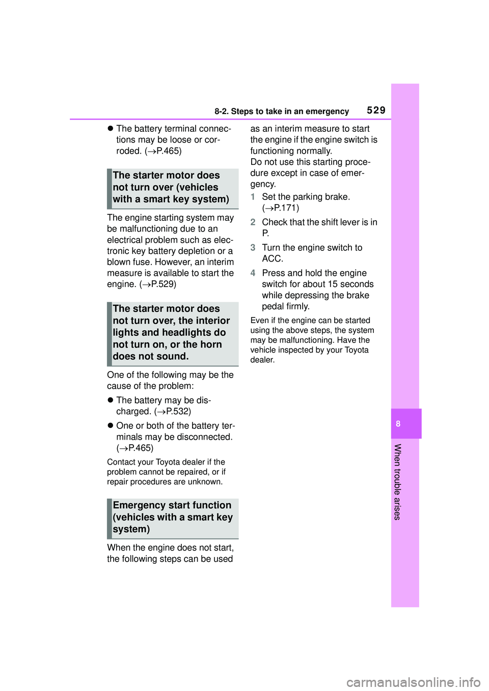 TOYOTA COROLLA CROSS 2022 Owners Manual 5298-2. Steps to take in an emergency
8
When trouble arises
The battery terminal connec-
tions may be loose or cor-
roded. ( P.465)
The engine starting system may
be malfunctioning due to an
e TOYOTA COROLLA CROSS 2022 Owners Manual 5298-2. Steps to take in an emergency
8
When trouble arises
The battery terminal connec-
tions may be loose or cor-
roded. ( P.465)
The engine starting system may
be malfunctioning due to an
e