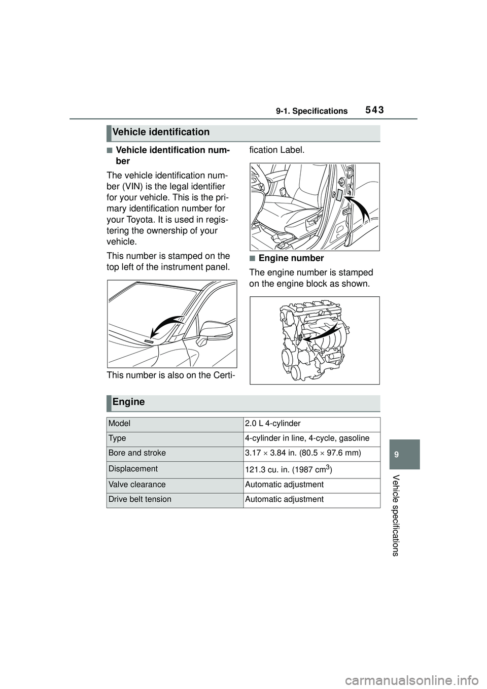 TOYOTA COROLLA CROSS 2022 Owners Manual 5439-1. Specifications
9
Vehicle specifications
■Vehicle identification num-
ber
The vehicle identification num-
ber (VIN) is the legal identifier
for your vehicle. This is the pri-
mary identifica TOYOTA COROLLA CROSS 2022 Owners Manual 5439-1. Specifications
9
Vehicle specifications
■Vehicle identification num-
ber
The vehicle identification num-
ber (VIN) is the legal identifier
for your vehicle. This is the pri-
mary identifica