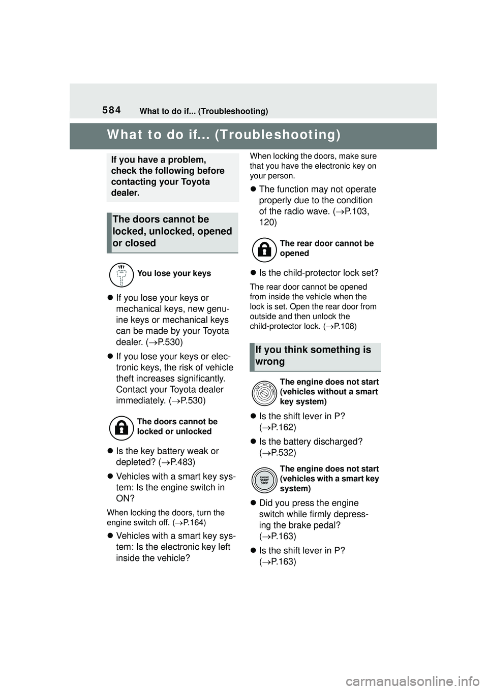 TOYOTA COROLLA CROSS 2022 Owners Manual 584What to do if... (Troubleshooting)
1-1.What to do if... (Troubleshooting)What to do if... (Troubleshooting)
If you lose your keys or
mechanical keys, new genu-
ine keys or mechanical keys
can TOYOTA COROLLA CROSS 2022 Owners Manual 584What to do if... (Troubleshooting)
1-1.What to do if... (Troubleshooting)What to do if... (Troubleshooting)
If you lose your keys or
mechanical keys, new genu-
ine keys or mechanical keys
can