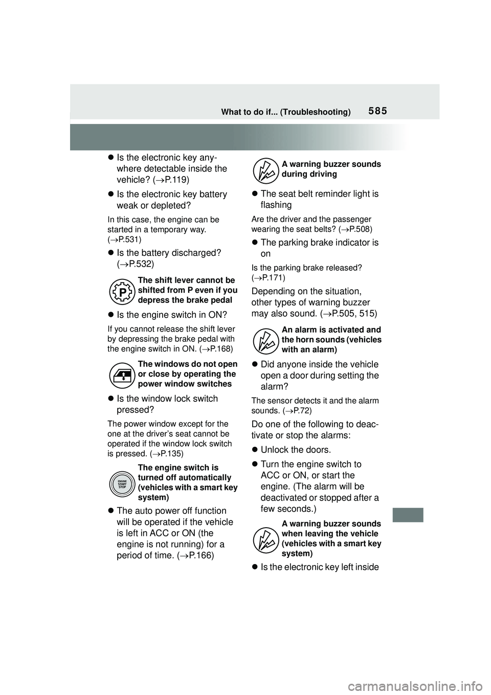 TOYOTA COROLLA CROSS 2022 Owners Manual 585What to do if... (Troubleshooting)
Is the electronic key any-
where detectable inside the
vehicle? ( P.119)
Is the electronic key battery
weak or depleted?
In this case, the engine can TOYOTA COROLLA CROSS 2022 Owners Manual 585What to do if... (Troubleshooting)
Is the electronic key any-
where detectable inside the
vehicle? ( P.119)
Is the electronic key battery
weak or depleted?
In this case, the engine can
