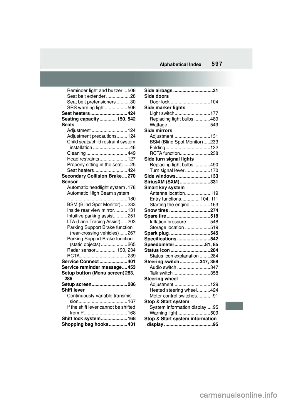 TOYOTA COROLLA CROSS 2022 Owners Manual 597Alphabetical Index
Reminder light and buzzer ... 508
Seat belt extender .................. 28
Seat belt pretensioners .......... 30
SRS warning light................. 506
Seat heaters ............. TOYOTA COROLLA CROSS 2022 Owners Manual 597Alphabetical Index
Reminder light and buzzer ... 508
Seat belt extender .................. 28
Seat belt pretensioners .......... 30
SRS warning light................. 506
Seat heaters .............