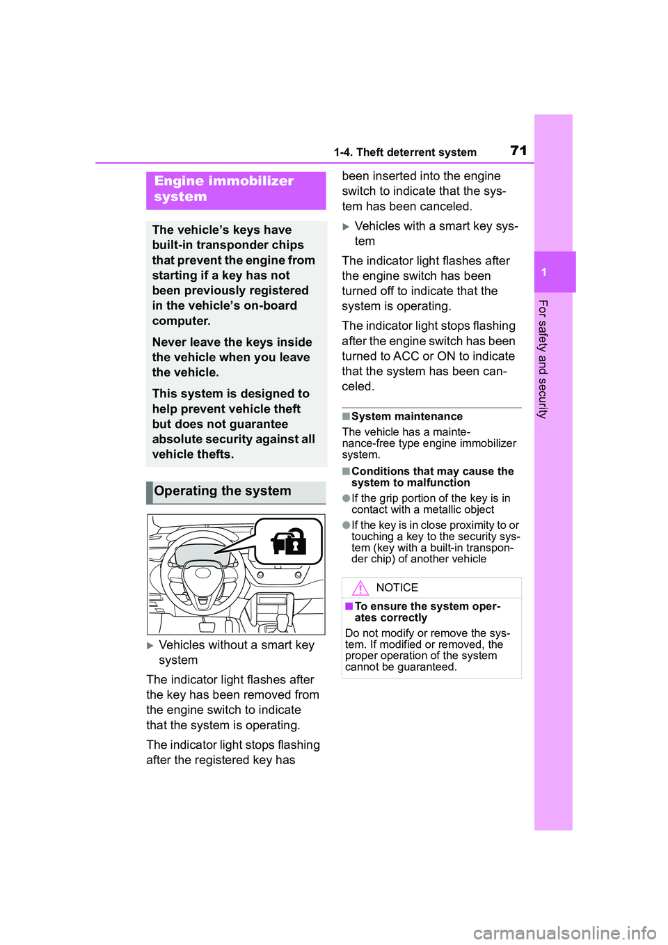 TOYOTA COROLLA CROSS 2022 Owners Manual 711-4. Theft deterrent system
1
For safety and security
1-4.Theft deterrent system
Vehicles without a smart key
system
The indicator light flashes after
the key has been removed from
the engine TOYOTA COROLLA CROSS 2022 Owners Manual 711-4. Theft deterrent system
1
For safety and security
1-4.Theft deterrent system
Vehicles without a smart key
system
The indicator light flashes after
the key has been removed from
the engine