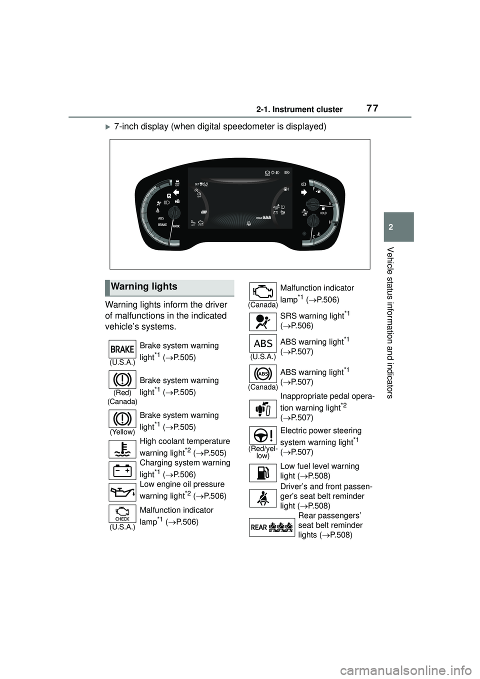 TOYOTA COROLLA CROSS 2022 Owners Manual 772-1. Instrument cluster
2
Vehicle status information and indicators
7-inch display (when digital speedometer is displayed)
Warning lights inform the driver
of malfunctions in the indicated
vehi TOYOTA COROLLA CROSS 2022 Owners Manual 772-1. Instrument cluster
2
Vehicle status information and indicators
7-inch display (when digital speedometer is displayed)
Warning lights inform the driver
of malfunctions in the indicated
vehi