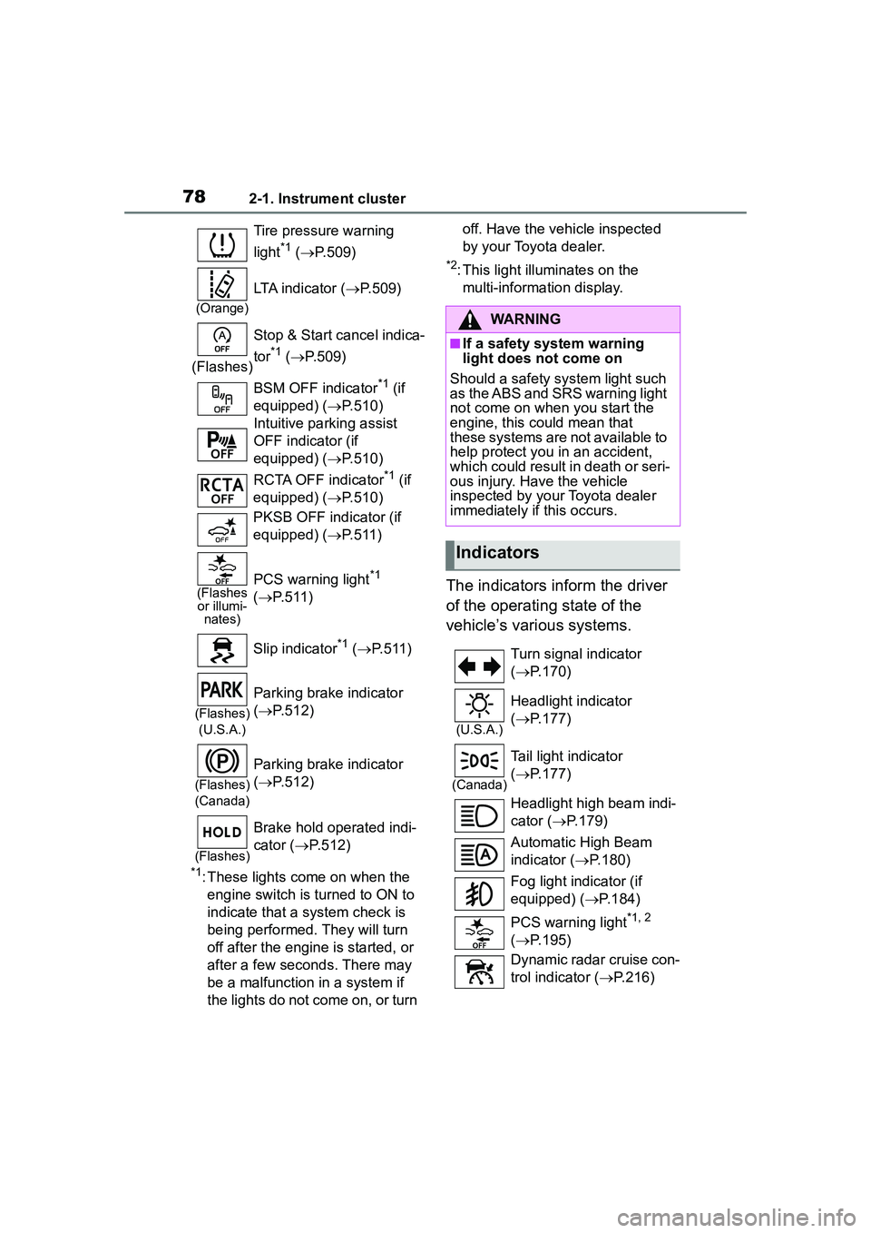 TOYOTA COROLLA CROSS 2022 Owners Manual 782-1. Instrument cluster
*1: These lights come on when the engine switch is turned to ON to
indicate that a system check is
being performed. They will turn
off after the engine is started, or
aft TOYOTA COROLLA CROSS 2022 Owners Manual 782-1. Instrument cluster
*1: These lights come on when the engine switch is turned to ON to
indicate that a system check is
being performed. They will turn
off after the engine is started, or
aft
