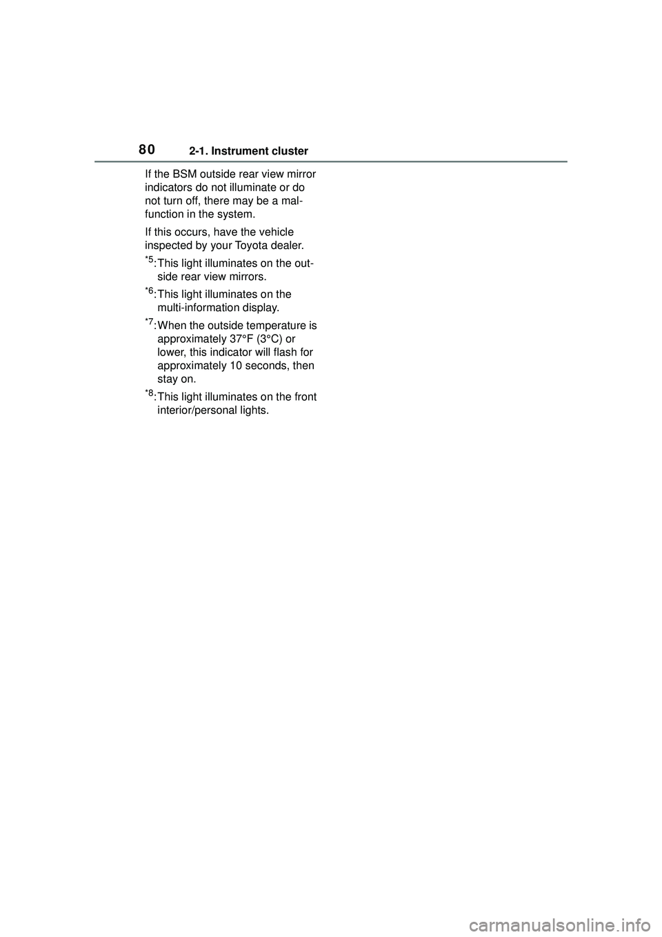 TOYOTA COROLLA CROSS 2022 Owners Manual 802-1. Instrument cluster
If the BSM outside rear view mirror
indicators do not illuminate or do
not turn off, there may be a mal-
function in the system.
If this occurs, have the vehicle
inspected TOYOTA COROLLA CROSS 2022 Owners Manual 802-1. Instrument cluster
If the BSM outside rear view mirror
indicators do not illuminate or do
not turn off, there may be a mal-
function in the system.
If this occurs, have the vehicle
inspected