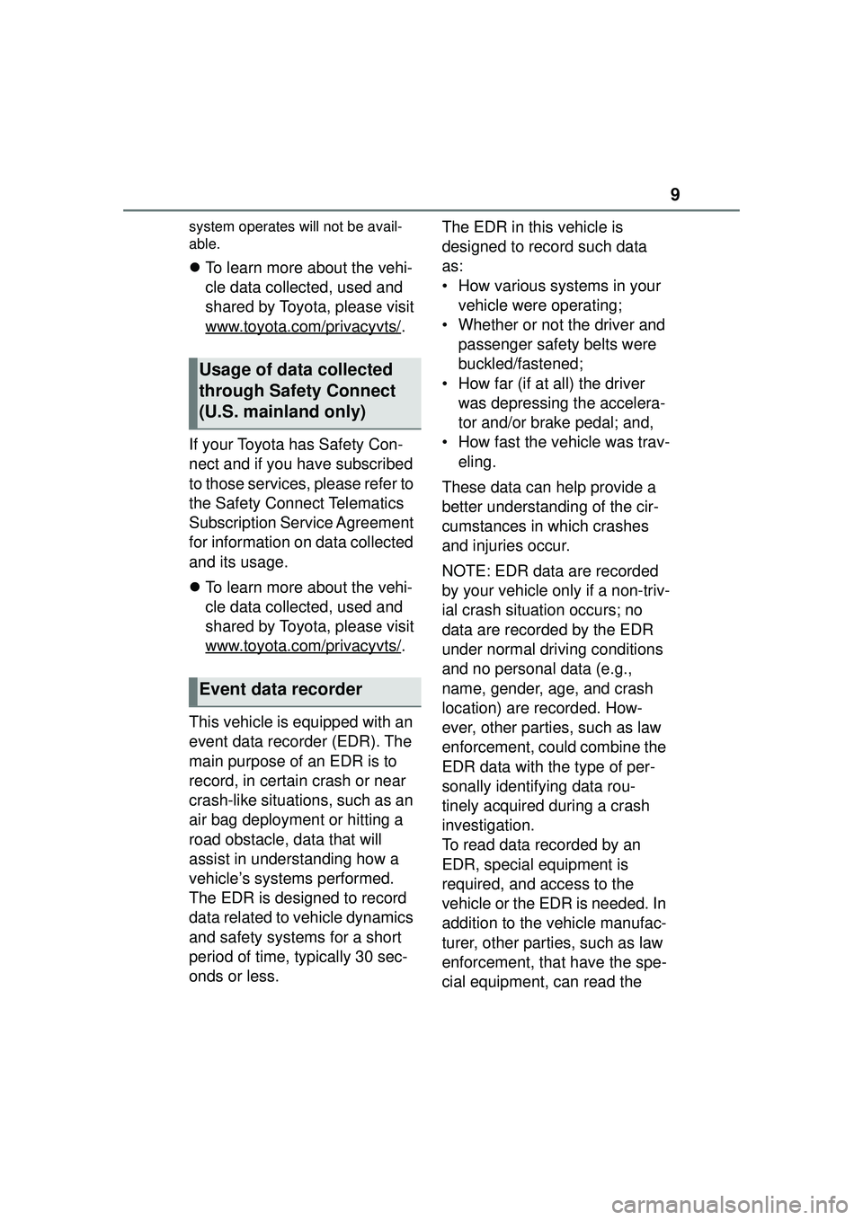 TOYOTA COROLLA CROSS 2022  Owners Manual 9
system operates will not be avail-
able.
To learn more about the vehi-
cle data collected, used and 
shared by Toyota, please visit
www.toyota.com/privacyvts/
.
If your Toyota has Safety Con-
nec