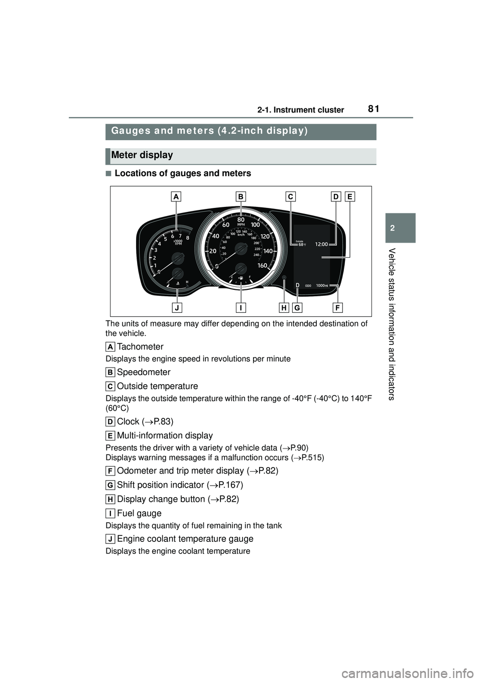 TOYOTA COROLLA CROSS 2022 Owners Manual 812-1. Instrument cluster
2
Vehicle status information and indicators
■Locations of gauges and meters
The units of measure may differ depending on the intended destination of
the vehicle.
Tachomete TOYOTA COROLLA CROSS 2022 Owners Manual 812-1. Instrument cluster
2
Vehicle status information and indicators
■Locations of gauges and meters
The units of measure may differ depending on the intended destination of
the vehicle.
Tachomete