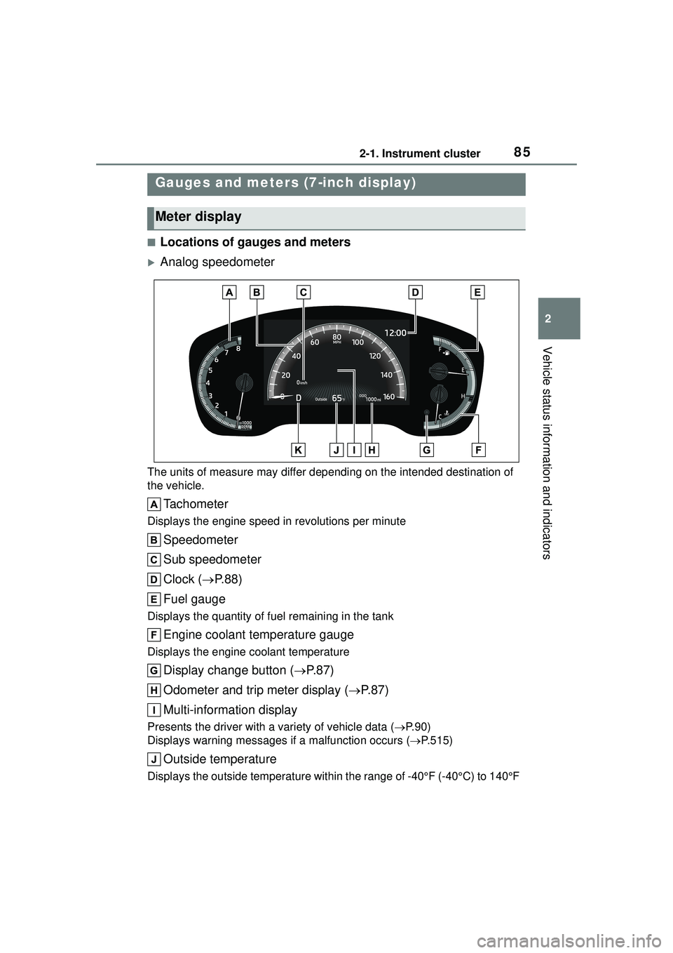 TOYOTA COROLLA CROSS 2022 Owners Manual 852-1. Instrument cluster
2
Vehicle status information and indicators
■Locations of gauges and meters
Analog speedometer
The units of measure may differ depending on the intended destination of
TOYOTA COROLLA CROSS 2022 Owners Manual 852-1. Instrument cluster
2
Vehicle status information and indicators
■Locations of gauges and meters
Analog speedometer
The units of measure may differ depending on the intended destination of