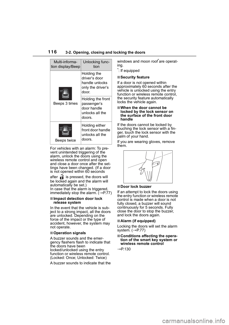TOYOTA COROLLA CROSS HYBRID 2023 Owners Manual 1163-2. Opening, closing and locking the doors
For vehicles with an alarm: To pre-
vent unintended triggering of the
alarm, unlock the doors using the
wireless remote control and open
and close a TOYOTA COROLLA CROSS HYBRID 2023 Owners Manual 1163-2. Opening, closing and locking the doors
For vehicles with an alarm: To pre-
vent unintended triggering of the
alarm, unlock the doors using the
wireless remote control and open
and close a
