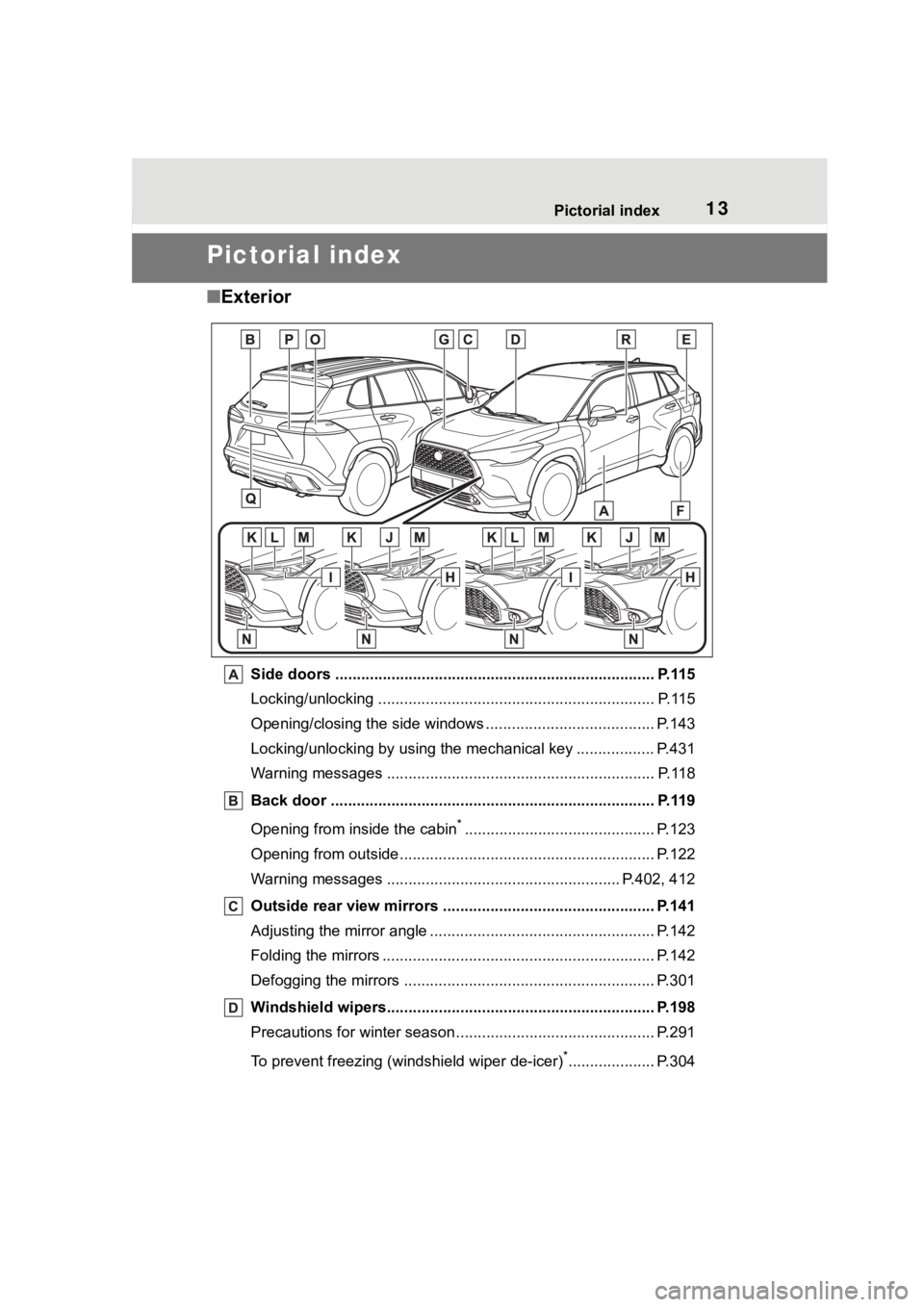 TOYOTA COROLLA CROSS HYBRID 2023  Owners Manual 13Pictorial index
Pictorial index
■Exterior
Side doors ......... ................................. ................................ P.115
Locking/unlocking ..........................................