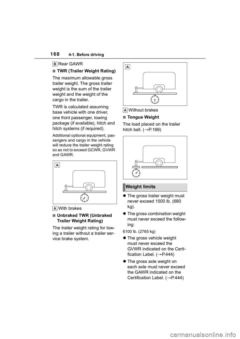 TOYOTA COROLLA CROSS HYBRID 2023 Owners Manual 1684-1. Before driving
Rear GAWR
■TWR (Trailer Weight Rating)
The maximum allowable gross
trailer weight. The gross trailer
weight is the sum of the trailer
weight and the weight of the
cargo in TOYOTA COROLLA CROSS HYBRID 2023 Owners Manual 1684-1. Before driving
Rear GAWR
■TWR (Trailer Weight Rating)
The maximum allowable gross
trailer weight. The gross trailer
weight is the sum of the trailer
weight and the weight of the
cargo in
