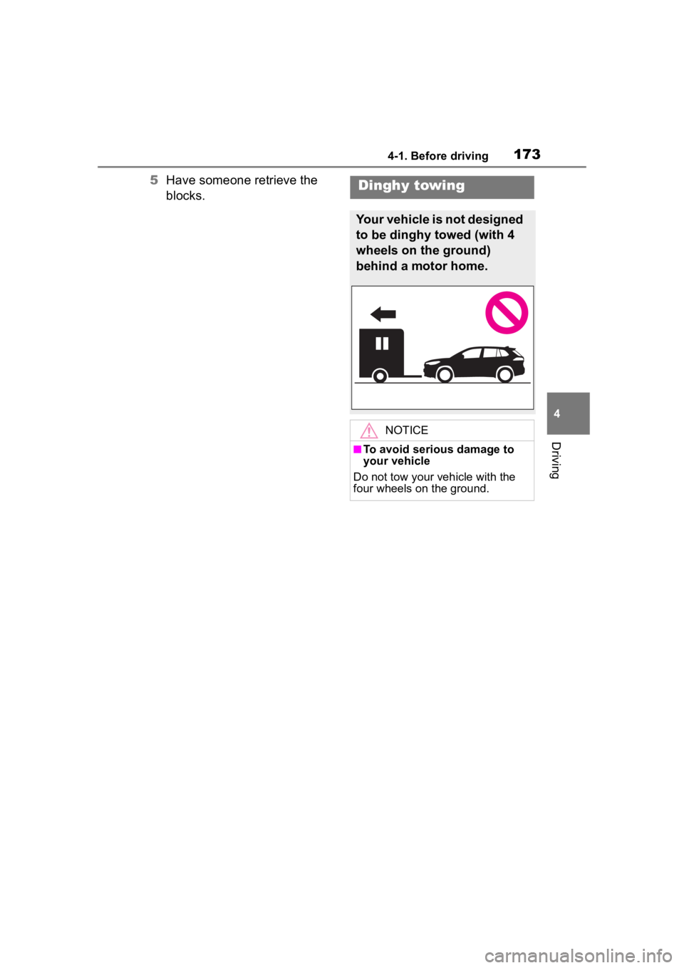 TOYOTA COROLLA CROSS HYBRID 2023 Owners Manual 1734-1. Before driving
4
Driving
5Have someone retrieve the
blocks.Dinghy towing
Your vehicle is not designed
to be dinghy towed (with 4
wheels on the ground)
behind a motor home.
NOTICE
■To avo TOYOTA COROLLA CROSS HYBRID 2023 Owners Manual 1734-1. Before driving
4
Driving
5Have someone retrieve the
blocks.Dinghy towing
Your vehicle is not designed
to be dinghy towed (with 4
wheels on the ground)
behind a motor home.
NOTICE
■To avo