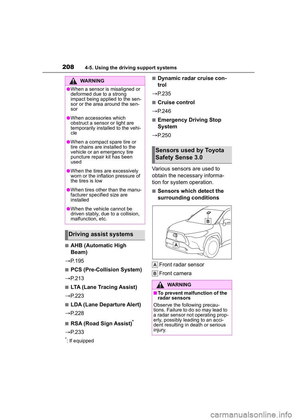TOYOTA COROLLA CROSS HYBRID 2023 Owners Manual 2084-5. Using the driving support systems
■AHB (Automatic High
Beam)
P.195
■PCS (Pre-Collision System)
P.213
■LTA (Lane Tracing Assist)
P.223
■LDA (Lane Departure Alert)
P.228 TOYOTA COROLLA CROSS HYBRID 2023 Owners Manual 2084-5. Using the driving support systems
■AHB (Automatic High
Beam)
P.195
■PCS (Pre-Collision System)
P.213
■LTA (Lane Tracing Assist)
P.223
■LDA (Lane Departure Alert)
P.228