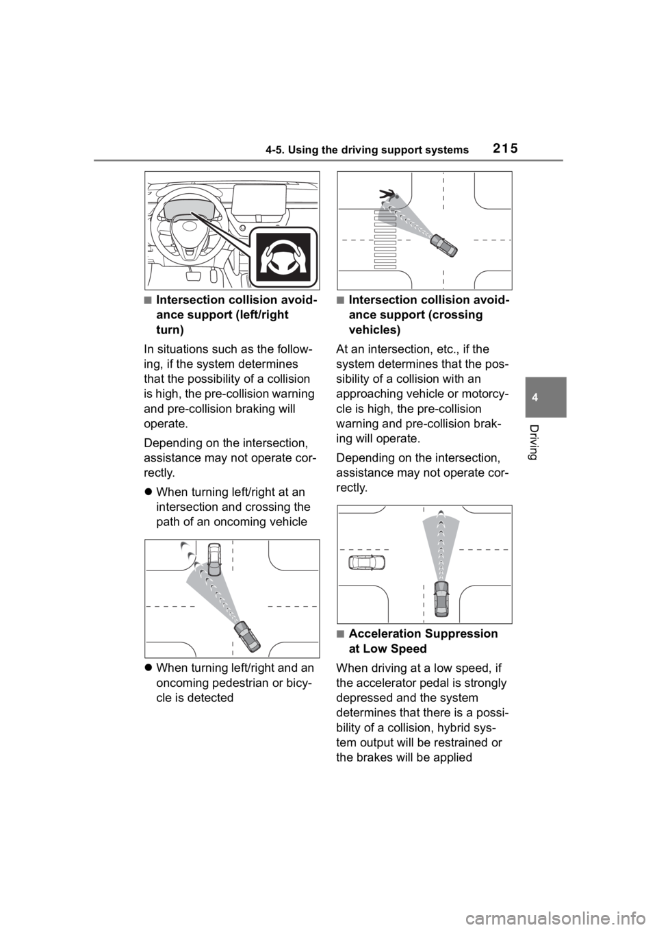 TOYOTA COROLLA CROSS HYBRID 2023 Owners Manual 2154-5. Using the driving support systems
4
Driving
■Intersection collision avoid-
ance support (left/right
turn)
In situations such as the follow-
ing, if the system determines
that the possibili TOYOTA COROLLA CROSS HYBRID 2023 Owners Manual 2154-5. Using the driving support systems
4
Driving
■Intersection collision avoid-
ance support (left/right
turn)
In situations such as the follow-
ing, if the system determines
that the possibili