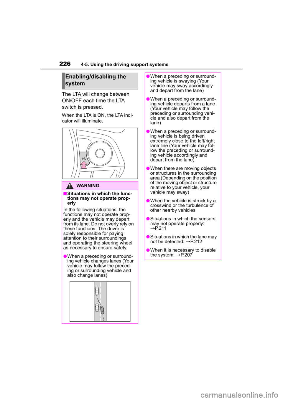 TOYOTA COROLLA CROSS HYBRID 2023 Owners Manual 2264-5. Using the driving support systems
The LTA will change between
ON/OFF each time the LTA
switch is pressed.
When the LTA is ON, the LTA indi-
cator will illuminate.
Enabling/disabling the
sys TOYOTA COROLLA CROSS HYBRID 2023 Owners Manual 2264-5. Using the driving support systems
The LTA will change between
ON/OFF each time the LTA
switch is pressed.
When the LTA is ON, the LTA indi-
cator will illuminate.
Enabling/disabling the
sys