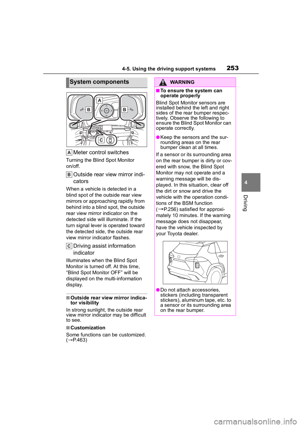 TOYOTA COROLLA CROSS HYBRID 2023 Owners Manual 2534-5. Using the driving support systems
4
Driving
Meter control switches
Turning the Blind Spot Monitor
on/off.
Outside rear view mirror indi-
cators
When a vehicle is detected in a
blind spot of TOYOTA COROLLA CROSS HYBRID 2023 Owners Manual 2534-5. Using the driving support systems
4
Driving
Meter control switches
Turning the Blind Spot Monitor
on/off.
Outside rear view mirror indi-
cators
When a vehicle is detected in a
blind spot of