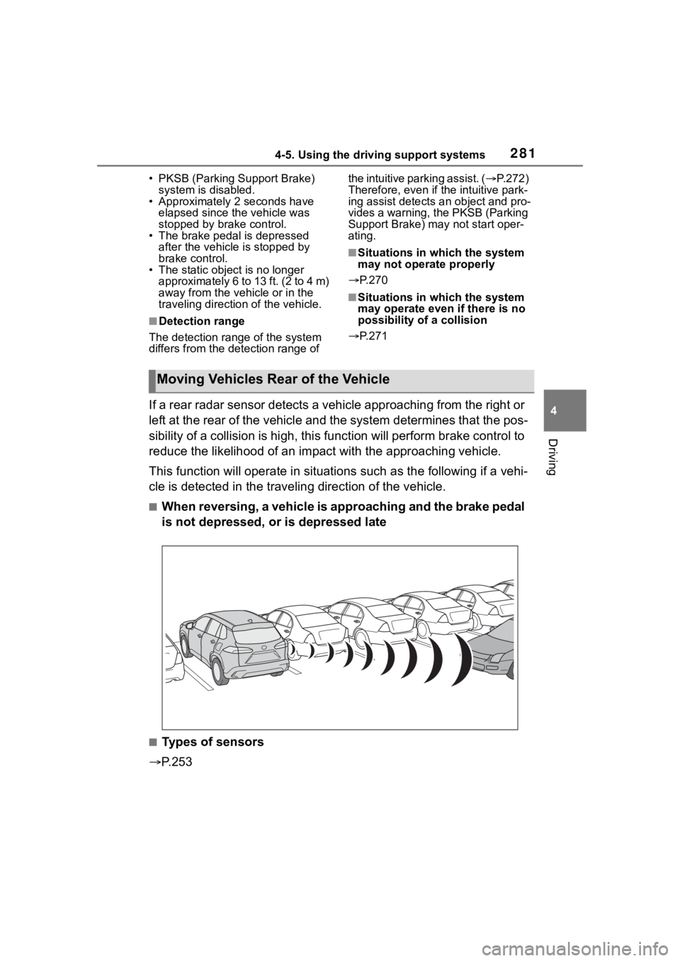 TOYOTA COROLLA CROSS HYBRID 2023 Owners Manual 2814-5. Using the driving support systems
4
Driving
• PKSB (Parking Support Brake) system is disabled.
• Approximately 2 seconds have
elapsed since the vehicle was
stopped by brake control.
• TOYOTA COROLLA CROSS HYBRID 2023 Owners Manual 2814-5. Using the driving support systems
4
Driving
• PKSB (Parking Support Brake) system is disabled.
• Approximately 2 seconds have
elapsed since the vehicle was
stopped by brake control.
•
