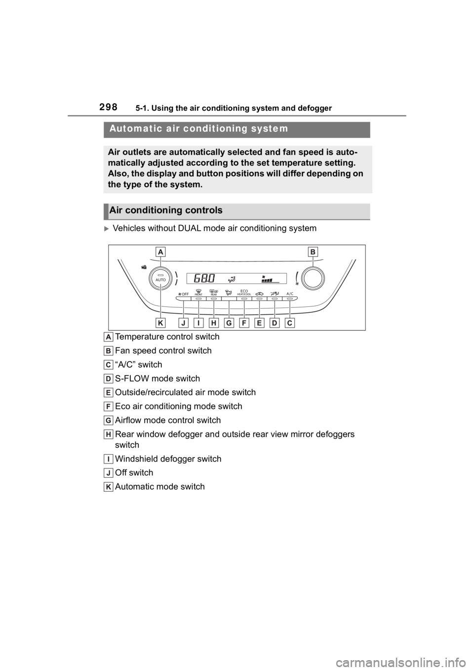 TOYOTA COROLLA CROSS HYBRID 2023 Owners Manual 2985-1. Using the air conditioning system and defogger
5-1.Using the air conditioning system and defogger
Vehicles without DUAL mode air conditioning system
Temperature control switch
Fan speed con TOYOTA COROLLA CROSS HYBRID 2023 Owners Manual 2985-1. Using the air conditioning system and defogger
5-1.Using the air conditioning system and defogger
Vehicles without DUAL mode air conditioning system
Temperature control switch
Fan speed con