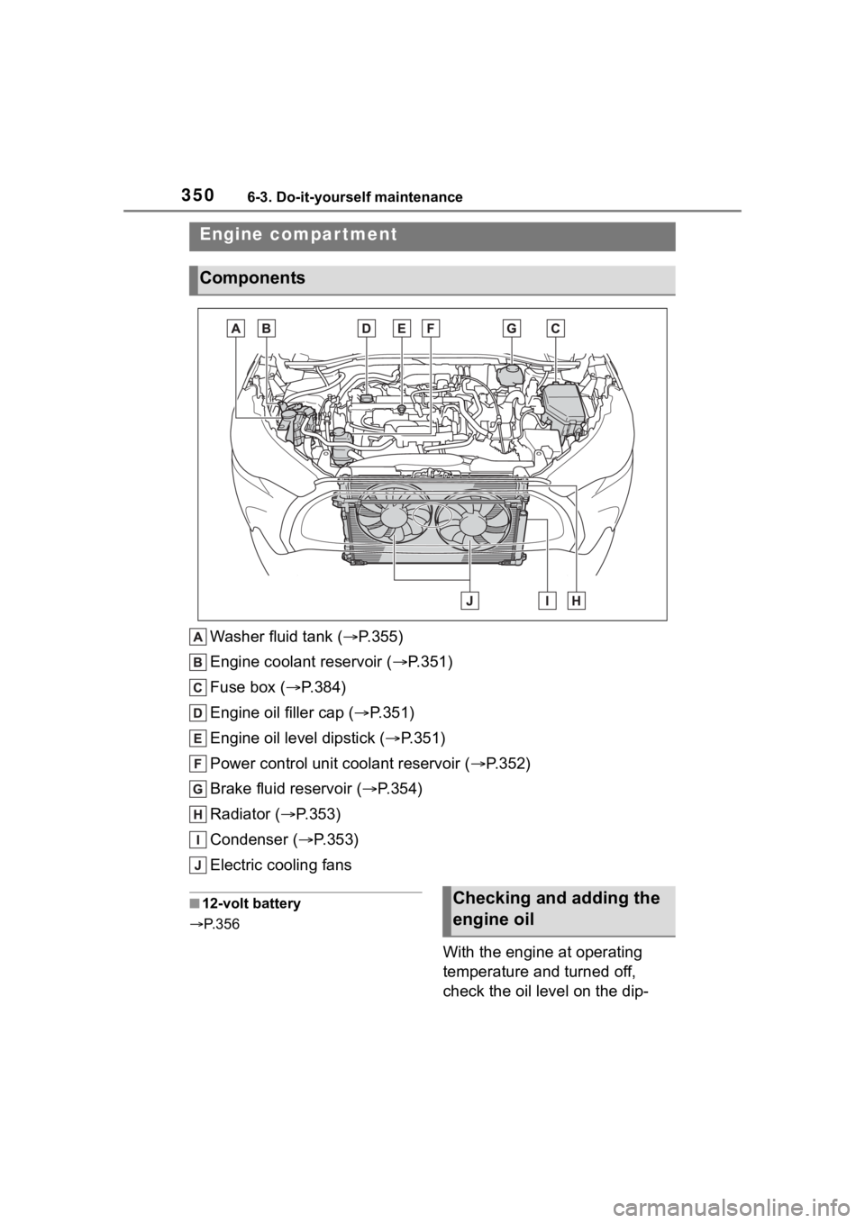 TOYOTA COROLLA CROSS HYBRID 2023 Owners Manual 3506-3. Do-it-yourself maintenance
Washer fluid tank ( P.355)
Engine coolant reservoir ( P.351)
Fuse box ( P.384)
Engine oil filler cap ( P.351)
Engine oil level dipstick ( P.351)
Power TOYOTA COROLLA CROSS HYBRID 2023 Owners Manual 3506-3. Do-it-yourself maintenance
Washer fluid tank ( P.355)
Engine coolant reservoir ( P.351)
Fuse box ( P.384)
Engine oil filler cap ( P.351)
Engine oil level dipstick ( P.351)
Power