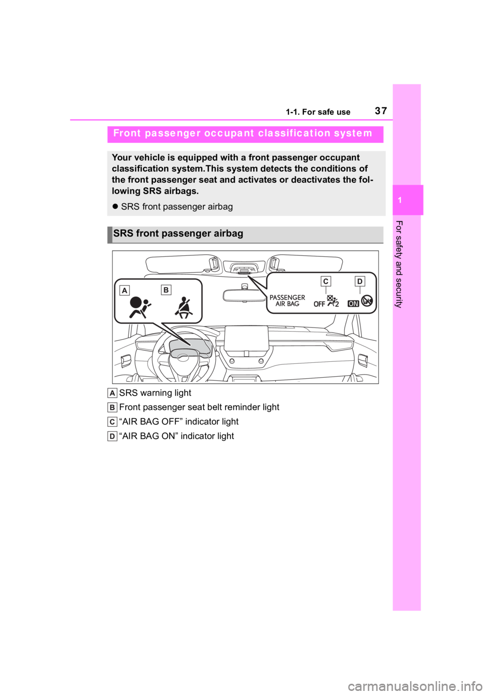 TOYOTA COROLLA CROSS HYBRID 2023 Owners Guide 371-1. For safe use
1
For safety and security
SRS warning light
Front passenger seat belt reminder light
“AIR BAG OFF” indicator light
“AIR BAG ON” indicator light
Front passenger occupant cla
