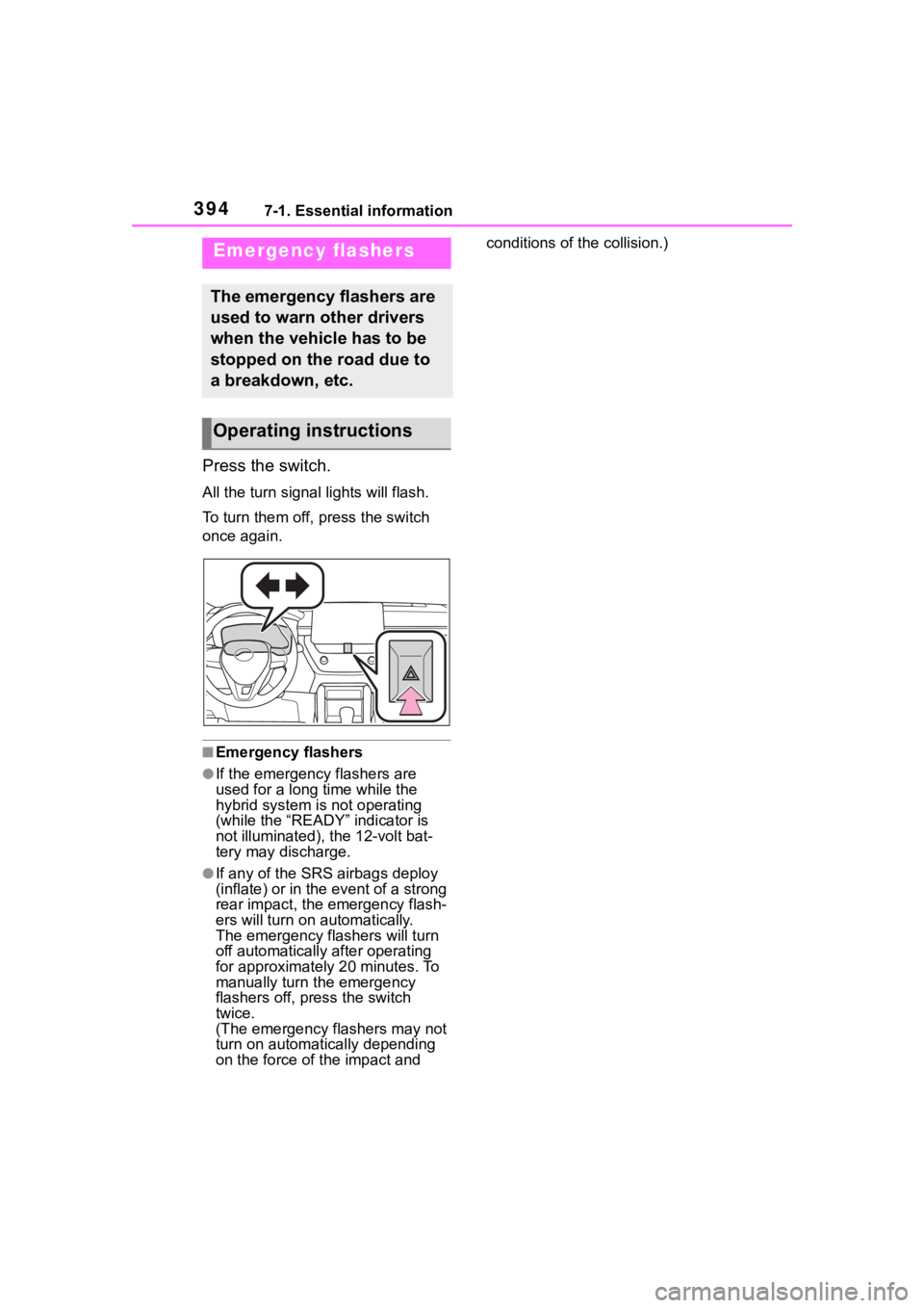 TOYOTA COROLLA CROSS HYBRID 2023 Owners Manual 3947-1. Essential information
7-1.Essential information
Press the switch.
All the turn signal lights will flash.
To turn them off, press the switch
once again.
■Emergency flashers
●If the emergen TOYOTA COROLLA CROSS HYBRID 2023 Owners Manual 3947-1. Essential information
7-1.Essential information
Press the switch.
All the turn signal lights will flash.
To turn them off, press the switch
once again.
■Emergency flashers
●If the emergen