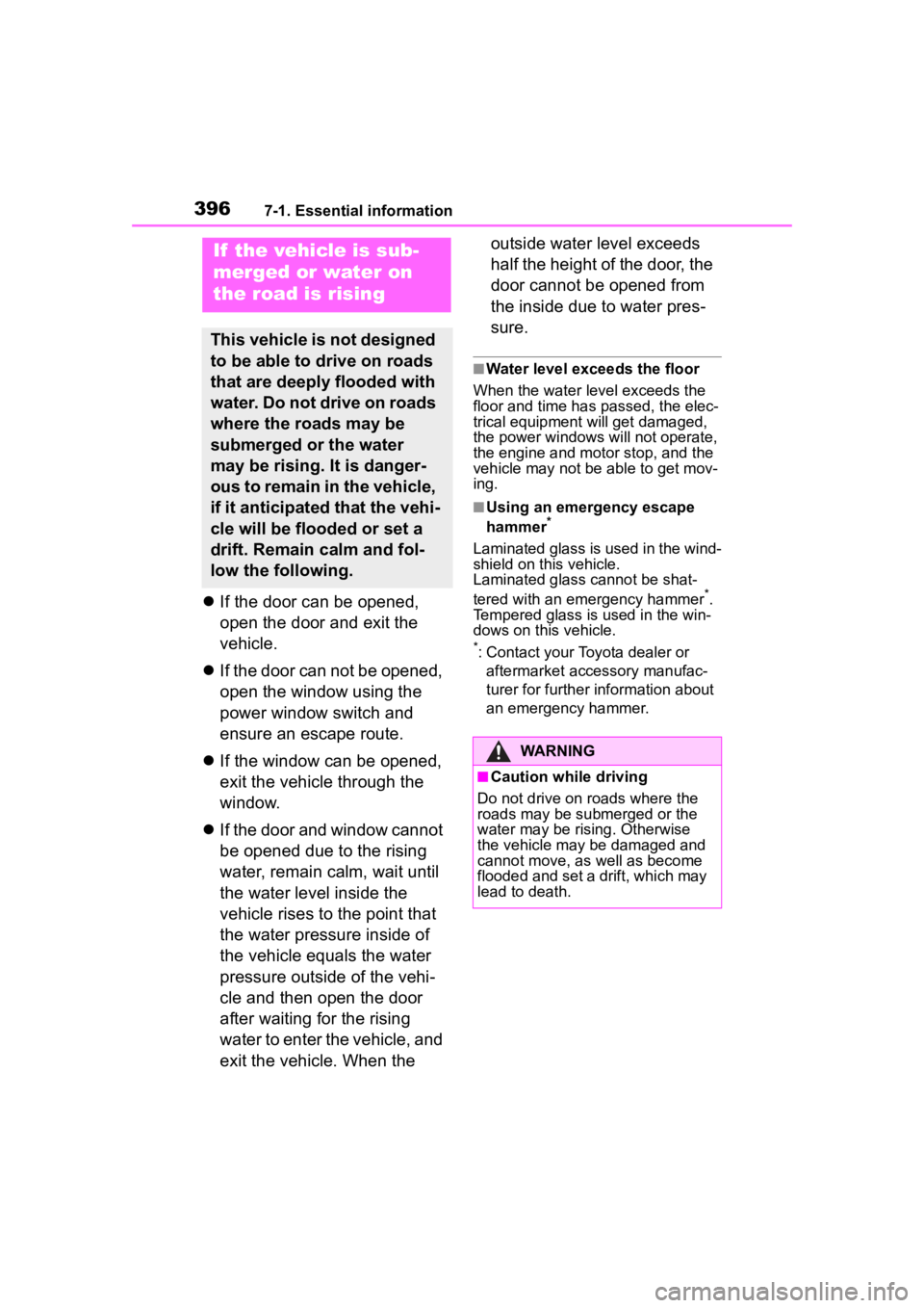 TOYOTA COROLLA CROSS HYBRID 2023 Owners Manual 3967-1. Essential information
If the door can be opened,
open the door and exit the
vehicle.
If the door can not be opened,
open the window using the
power window switch and
ensure an esca TOYOTA COROLLA CROSS HYBRID 2023 Owners Manual 3967-1. Essential information
If the door can be opened,
open the door and exit the
vehicle.
If the door can not be opened,
open the window using the
power window switch and
ensure an esca