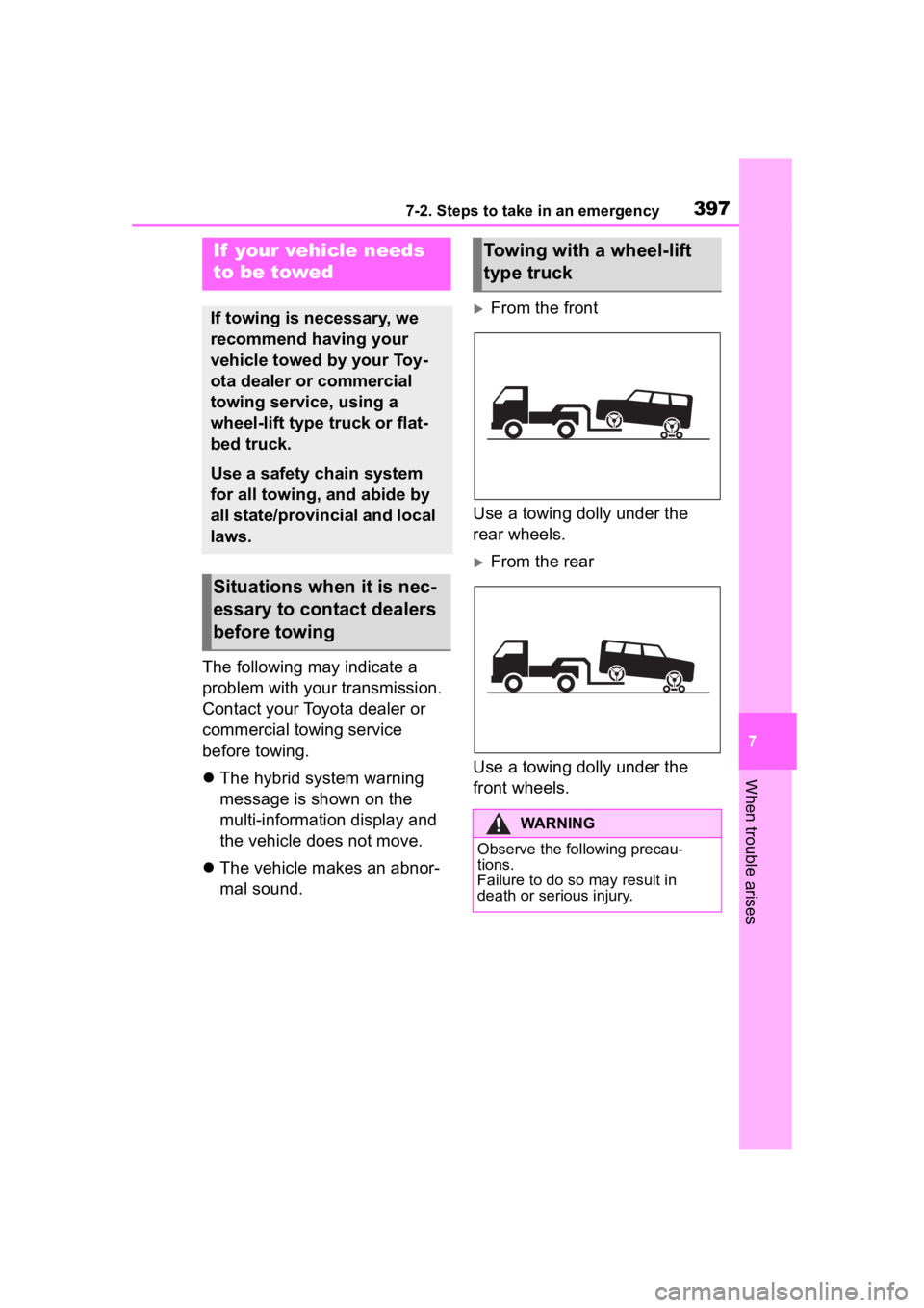 TOYOTA COROLLA CROSS HYBRID 2023 Owners Manual 3977-2. Steps to take in an emergency
7
When trouble arises
7-2.Steps to take in an emergency
The following may indicate a
problem with your transmission.
Contact your Toyota dealer or
commercial t TOYOTA COROLLA CROSS HYBRID 2023 Owners Manual 3977-2. Steps to take in an emergency
7
When trouble arises
7-2.Steps to take in an emergency
The following may indicate a
problem with your transmission.
Contact your Toyota dealer or
commercial t