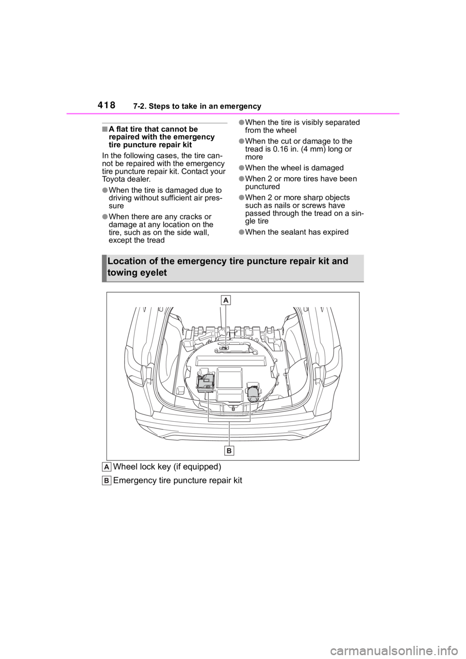 TOYOTA COROLLA CROSS HYBRID 2023 Owners Manual 4187-2. Steps to take in an emergency
■A flat tire that cannot be
repaired with the emergency
tire puncture repair kit
In the following ca ses, the tire can-
not be repaired with the emergency
t TOYOTA COROLLA CROSS HYBRID 2023 Owners Manual 4187-2. Steps to take in an emergency
■A flat tire that cannot be
repaired with the emergency
tire puncture repair kit
In the following ca ses, the tire can-
not be repaired with the emergency
t