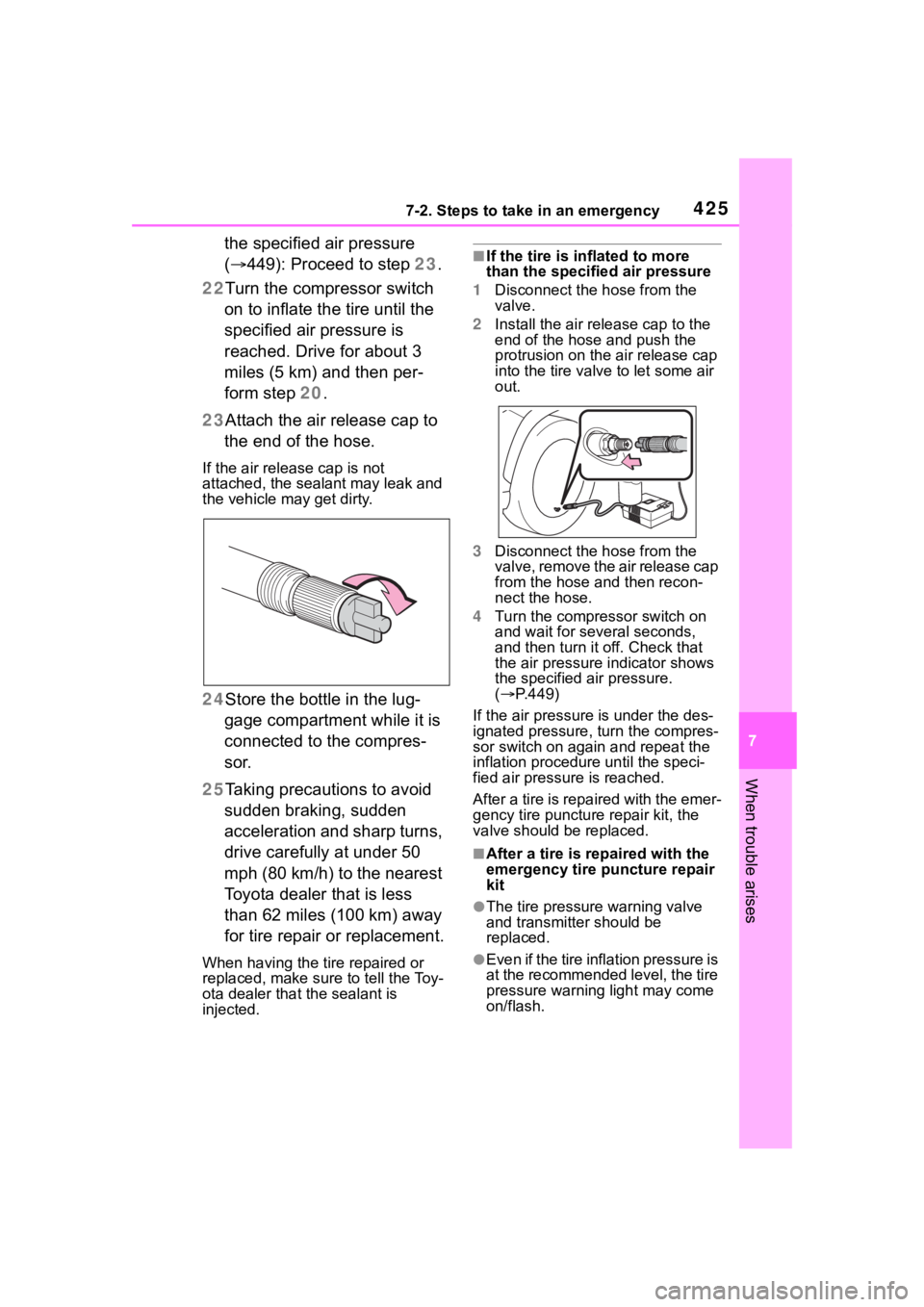 TOYOTA COROLLA CROSS HYBRID 2023 Owners Manual 4257-2. Steps to take in an emergency
7
When trouble arises
the specified air pressure
(449): Proceed to step 23.
22 Turn the compressor switch
on to inflate the tire until the
specified air pr TOYOTA COROLLA CROSS HYBRID 2023 Owners Manual 4257-2. Steps to take in an emergency
7
When trouble arises
the specified air pressure
(449): Proceed to step 23.
22 Turn the compressor switch
on to inflate the tire until the
specified air pr