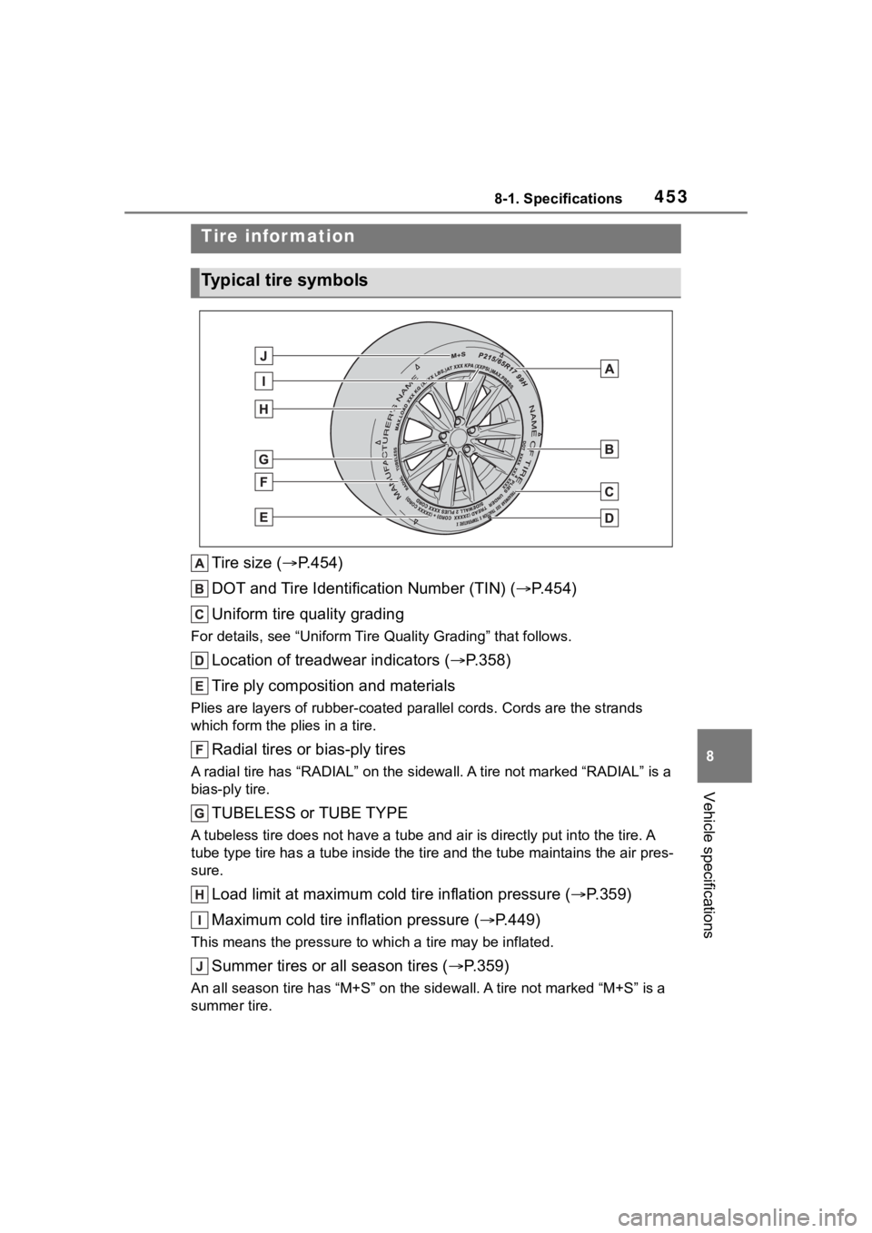 TOYOTA COROLLA CROSS HYBRID 2023 User Guide 4538-1. Specifications
8
Vehicle specifications
Tire size (P.454)
DOT and Tire Identification Number (TIN) ( P.454)
Uniform tire quality grading
For details, see “Uniform Tire Quality Grading TOYOTA COROLLA CROSS HYBRID 2023 User Guide 4538-1. Specifications
8
Vehicle specifications
Tire size (P.454)
DOT and Tire Identification Number (TIN) ( P.454)
Uniform tire quality grading
For details, see “Uniform Tire Quality Grading