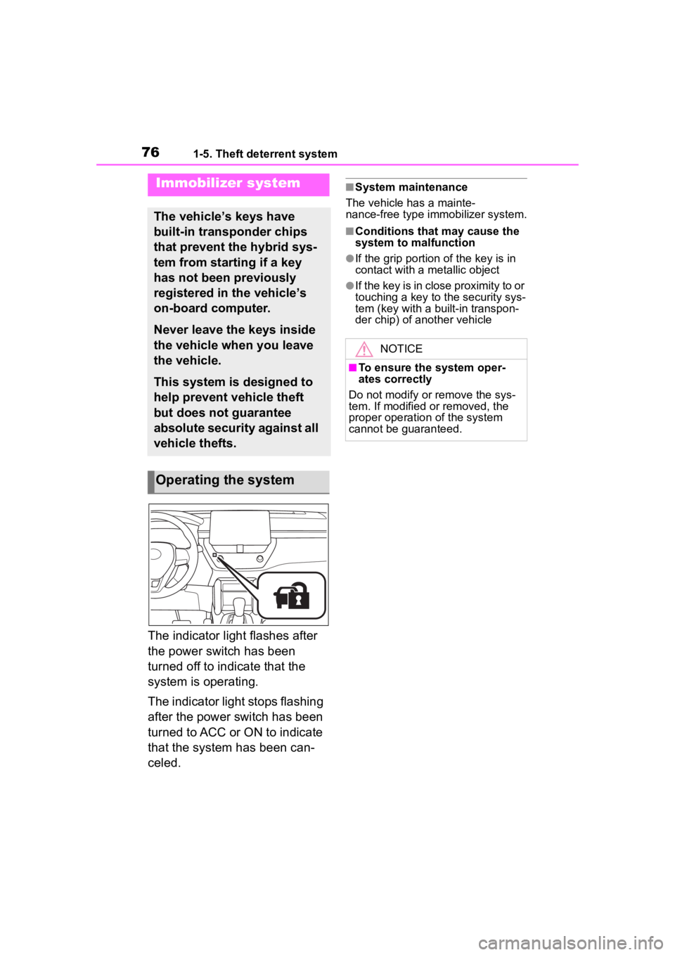 TOYOTA COROLLA CROSS HYBRID 2023 Manual PDF 761-5. Theft deterrent system
1-5.Theft deterrent system
The indicator light flashes after 
the power switch has been 
turned off to indicate that the 
system is operating.
The indicator light stops f