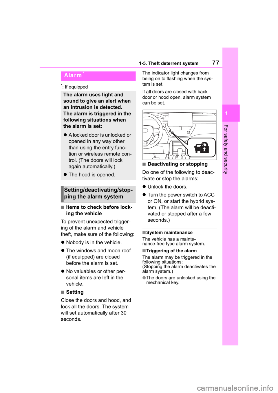 TOYOTA COROLLA CROSS HYBRID 2023  Owners Manual 771-5. Theft deterrent system
1
For safety and security
*: If equipped
■Items to check before lock-
ing the vehicle
To prevent unexpected trigger-
ing of the alarm and vehicle 
theft, make sure of t