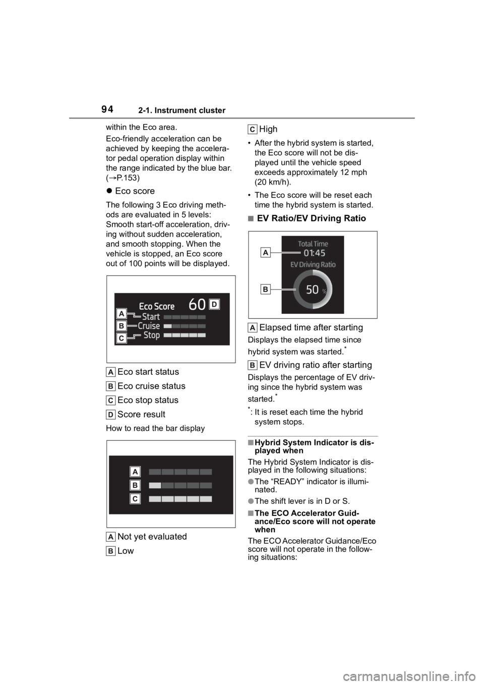 TOYOTA COROLLA CROSS HYBRID 2023 Owners Manual 942-1. Instrument cluster
within the Eco area.
Eco-friendly acceleration can be
achieved by keeping the accelera-
tor pedal operation display within
the range indicated by the blue bar.
( P.153) TOYOTA COROLLA CROSS HYBRID 2023 Owners Manual 942-1. Instrument cluster
within the Eco area.
Eco-friendly acceleration can be
achieved by keeping the accelera-
tor pedal operation display within
the range indicated by the blue bar.
( P.153)