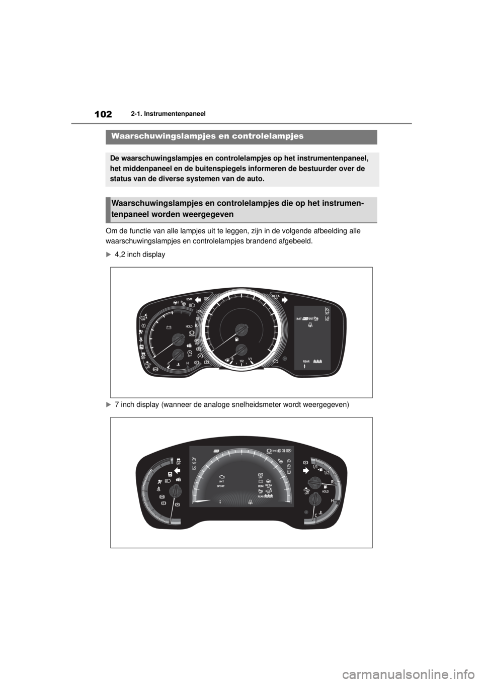 TOYOTA COROLLA HATCHBACK 2021  Instructieboekje (in Dutch) 1022-1. Instrumentenpaneel
COROLLA_TMUK_EE
2-1.Instrumentenpaneel
Om de functie van alle lampjes uit te leggen, zijn in de volgende afbeelding alle 
waarschuwingslampjes en controlelampjes brandend af