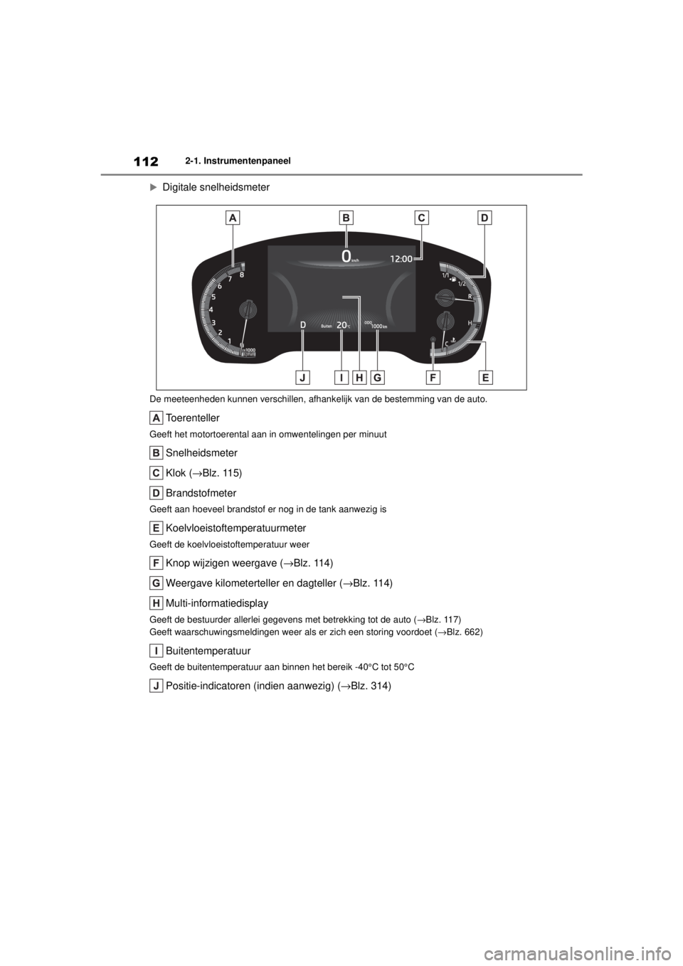 TOYOTA COROLLA HATCHBACK 2021 Instructieboekje (in Dutch) 1122-1. Instrumentenpaneel
COROLLA_TMUK_EE
Digitale snelheidsmeter
De meeteenheden kunnen verschillen, afhank
elijk van de bestemming van de auto.
Toerenteller
Geeft het motortoerental aan in omwe TOYOTA COROLLA HATCHBACK 2021 Instructieboekje (in Dutch) 1122-1. Instrumentenpaneel
COROLLA_TMUK_EE
Digitale snelheidsmeter
De meeteenheden kunnen verschillen, afhank
elijk van de bestemming van de auto.
Toerenteller
Geeft het motortoerental aan in omwe
