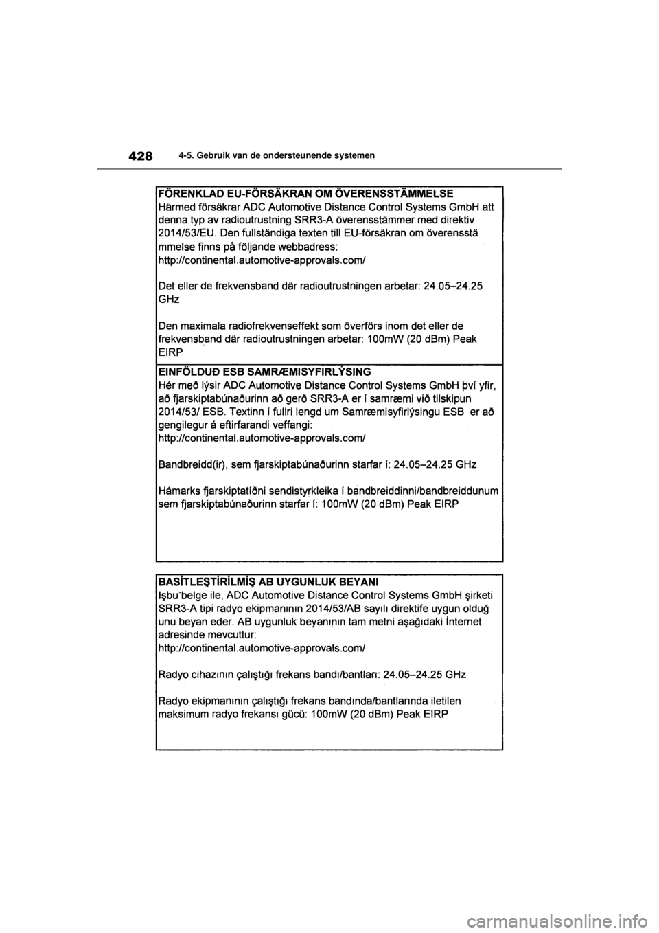 TOYOTA COROLLA HATCHBACK 2021  Instructieboekje (in Dutch) 4284-5. Gebruik van de ondersteunende systemen
COROLLA_TMUK_EE
COROLLA(TMUK)_OM_Europe_OM12P46E.book  Page 428  Tuesday, August 25, 2020  1:58 PM 