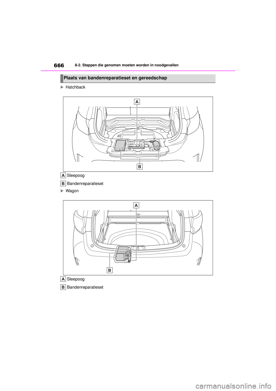 TOYOTA COROLLA HATCHBACK 2021 Instructieboekje (in Dutch) 6668-2. Stappen die genomen moeten worden in noodgevallen
COROLLA_TMUK_EE
Hatchback
Sleepoog
Bandenreparatieset
WagonSleepoog
Bandenreparatieset
Plaats van bandenreparatieset en gereedschap
COR TOYOTA COROLLA HATCHBACK 2021 Instructieboekje (in Dutch) 6668-2. Stappen die genomen moeten worden in noodgevallen
COROLLA_TMUK_EE
Hatchback
Sleepoog
Bandenreparatieset
WagonSleepoog
Bandenreparatieset
Plaats van bandenreparatieset en gereedschap
COR